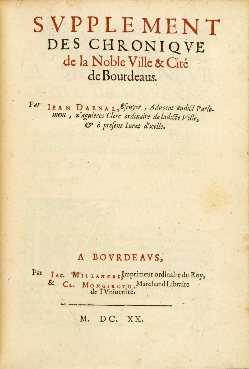 Cover für Supplement des chronique de la noble ville & cité de Bourdeaus