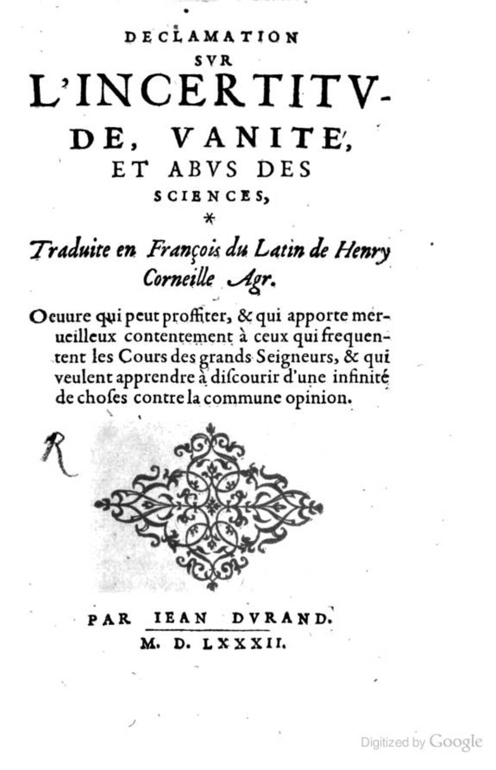 Cover für Declamation sur l'incertitude, vanité, et abus des sciences