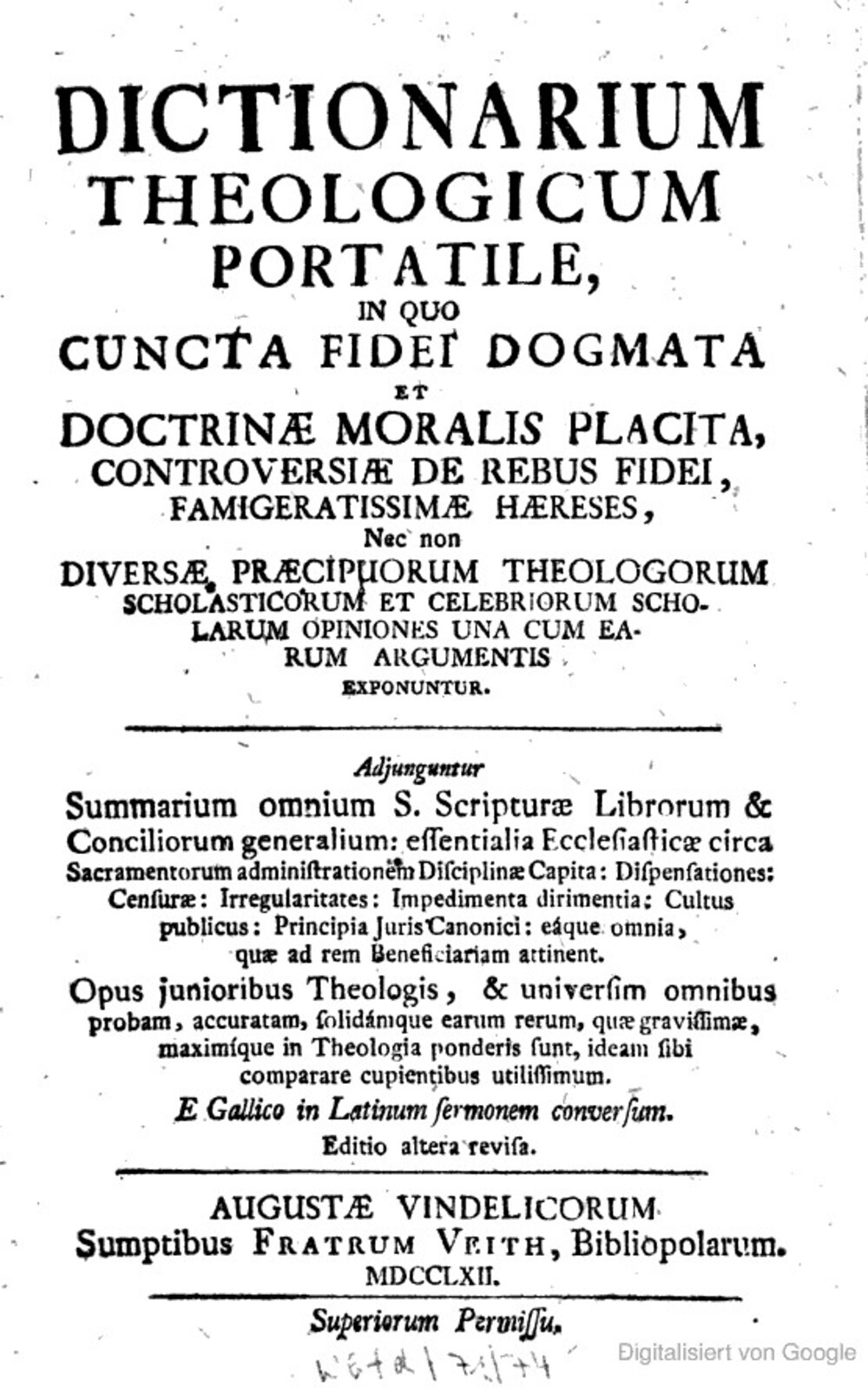 Cover für Dictionarium theologicum portatile