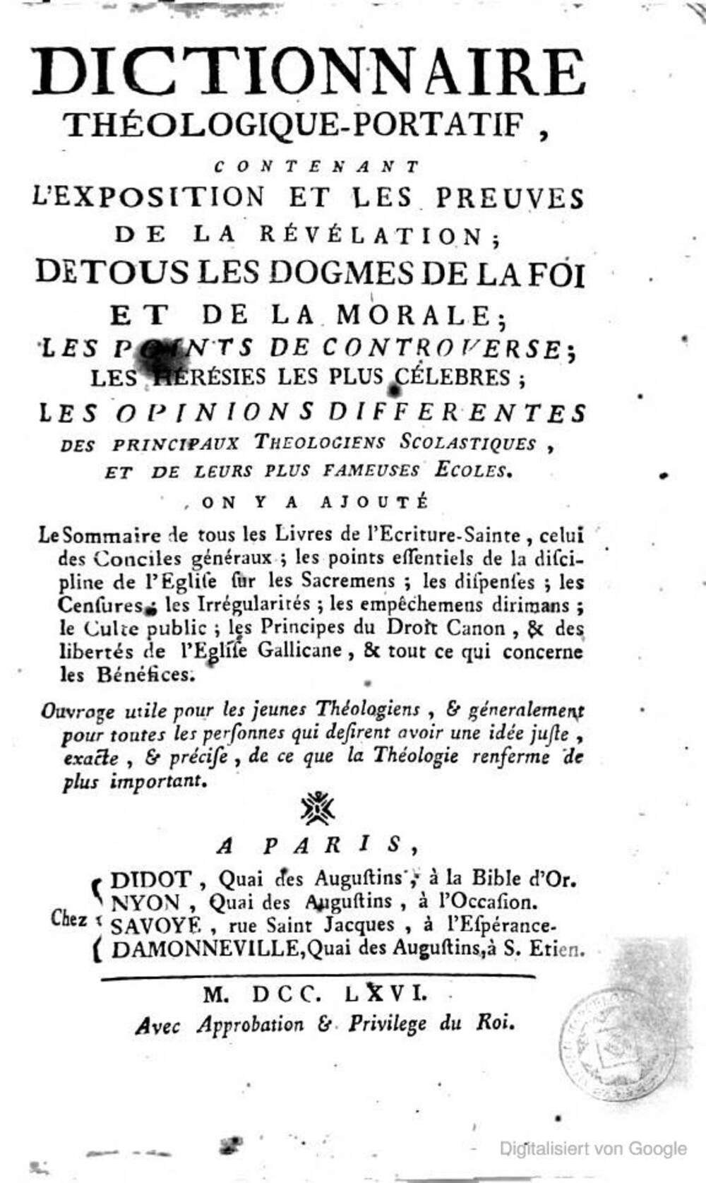 Cover für Dictionnaire théologique-portatif