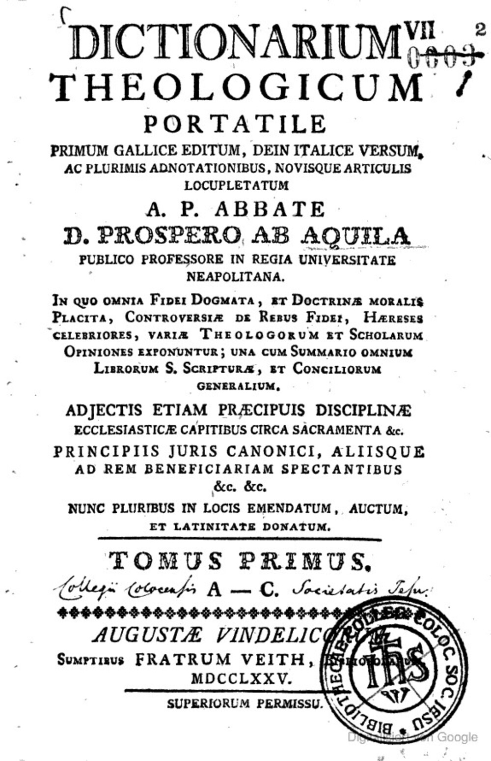 Cover für Dictionarium theologicum portatile