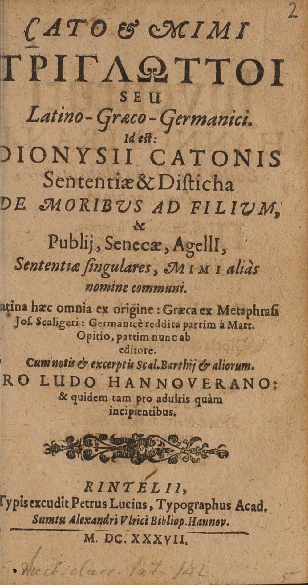 Cover für Dionysii Catonis sententiae & disticha