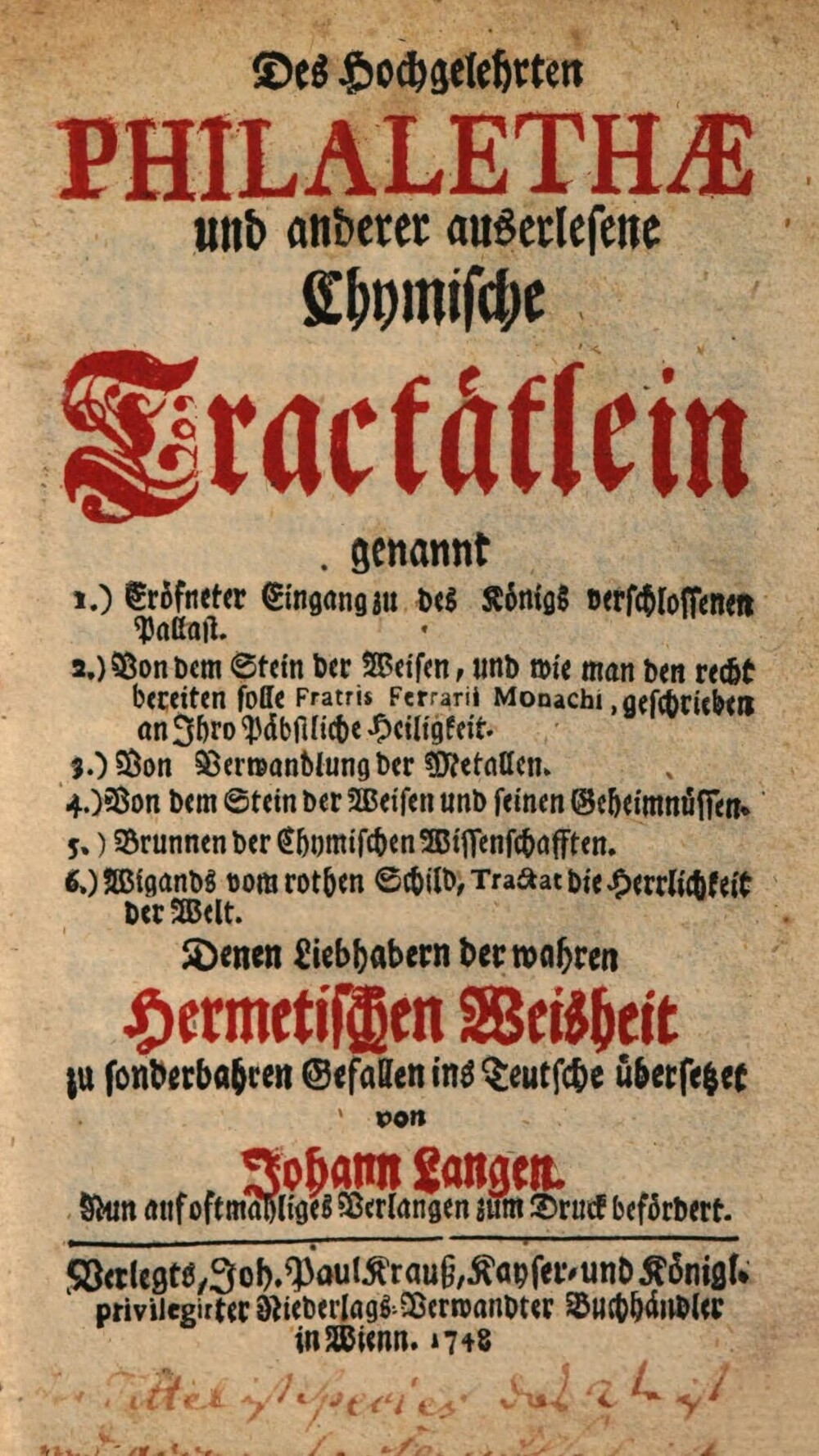 Cover für Des Hochgelehrten Philalethae und anderer auserlesene Chymische Tractätlein