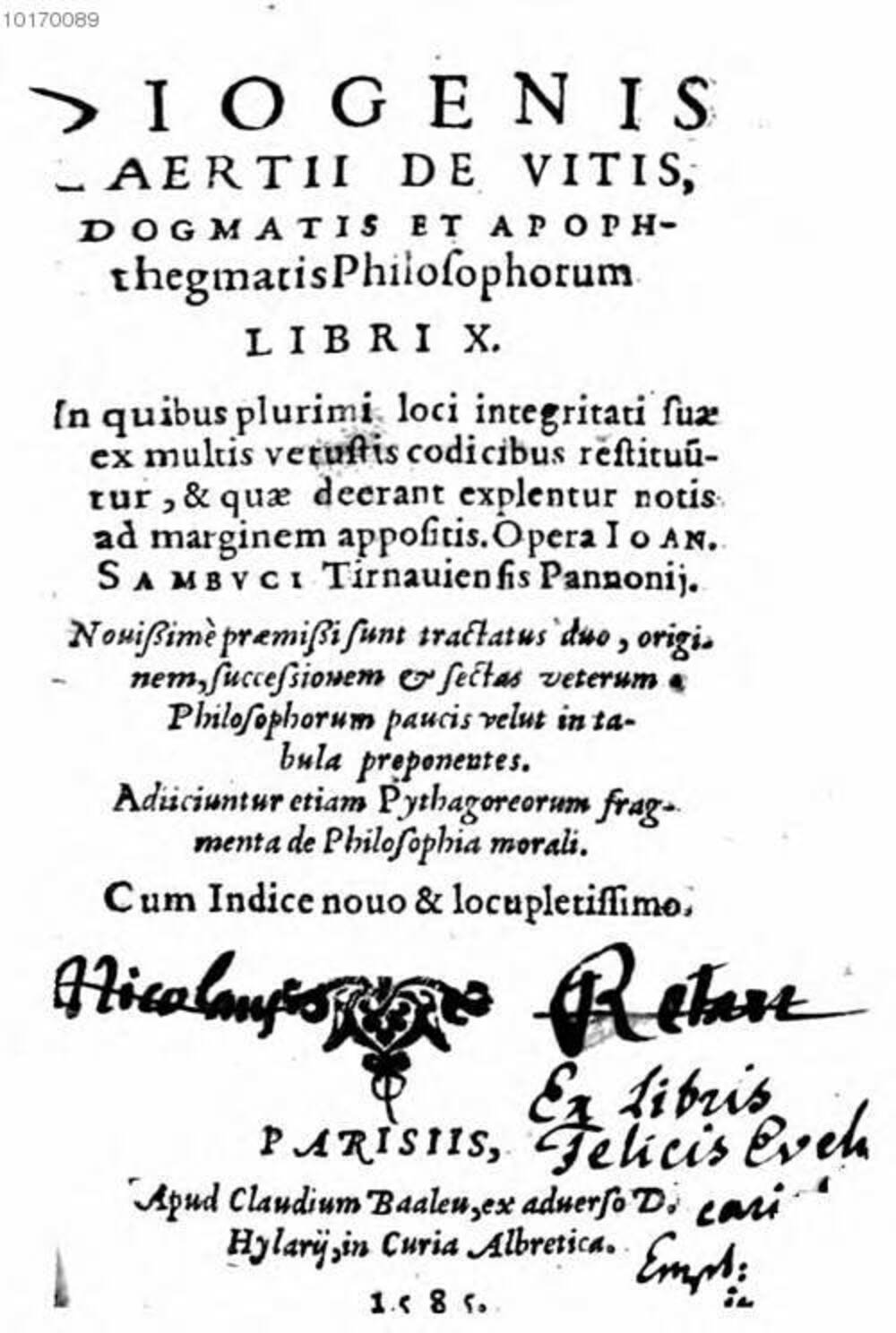 Cover für De vitis, dogmatis et apophthegmatis Philosophorum libri X