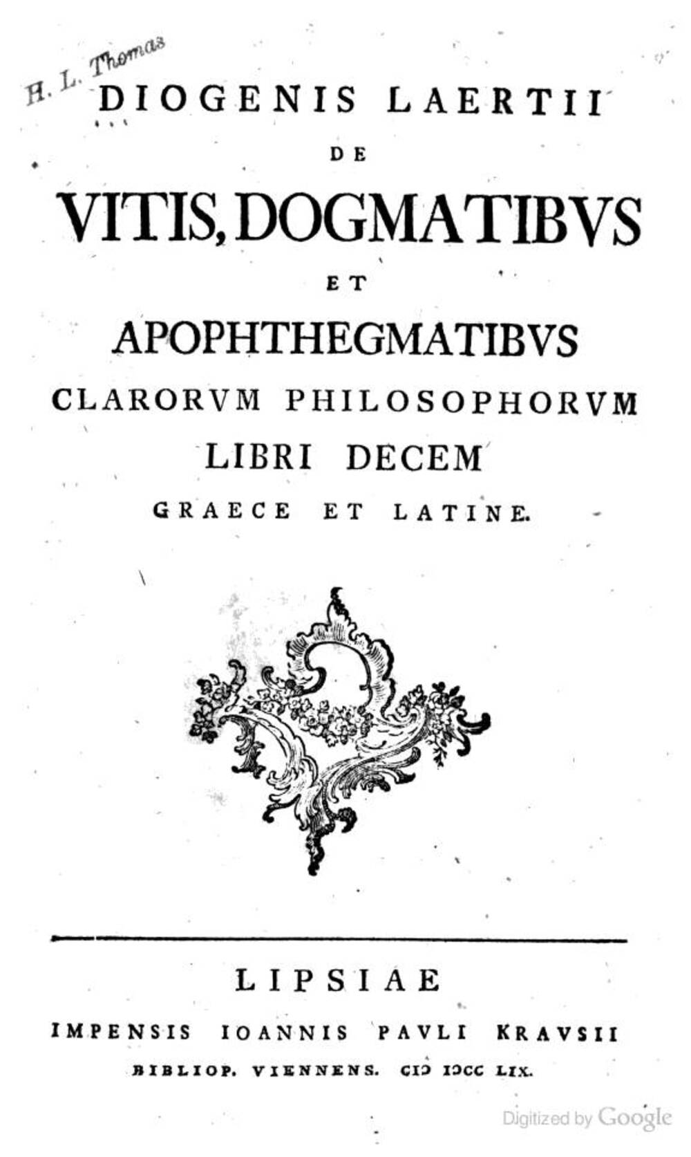 Cover für De vitis, dogmatibus et apophthegmatibus clarorum philosophorum libri decem
