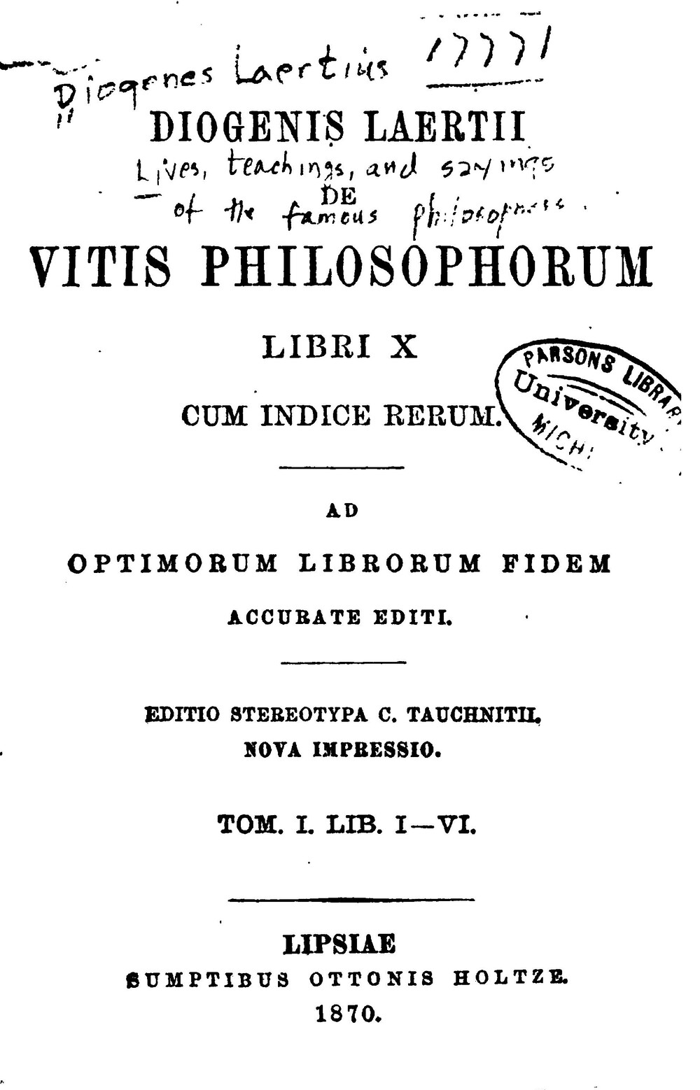 Cover für Φιλόσοφος ιστορία, ὴ περὶ βίων, δογμάτων καὶ αποφθεγμάτων τω̃ν εν φιλοσοφία ευδοκιμησάντων βιβλία δέκα
