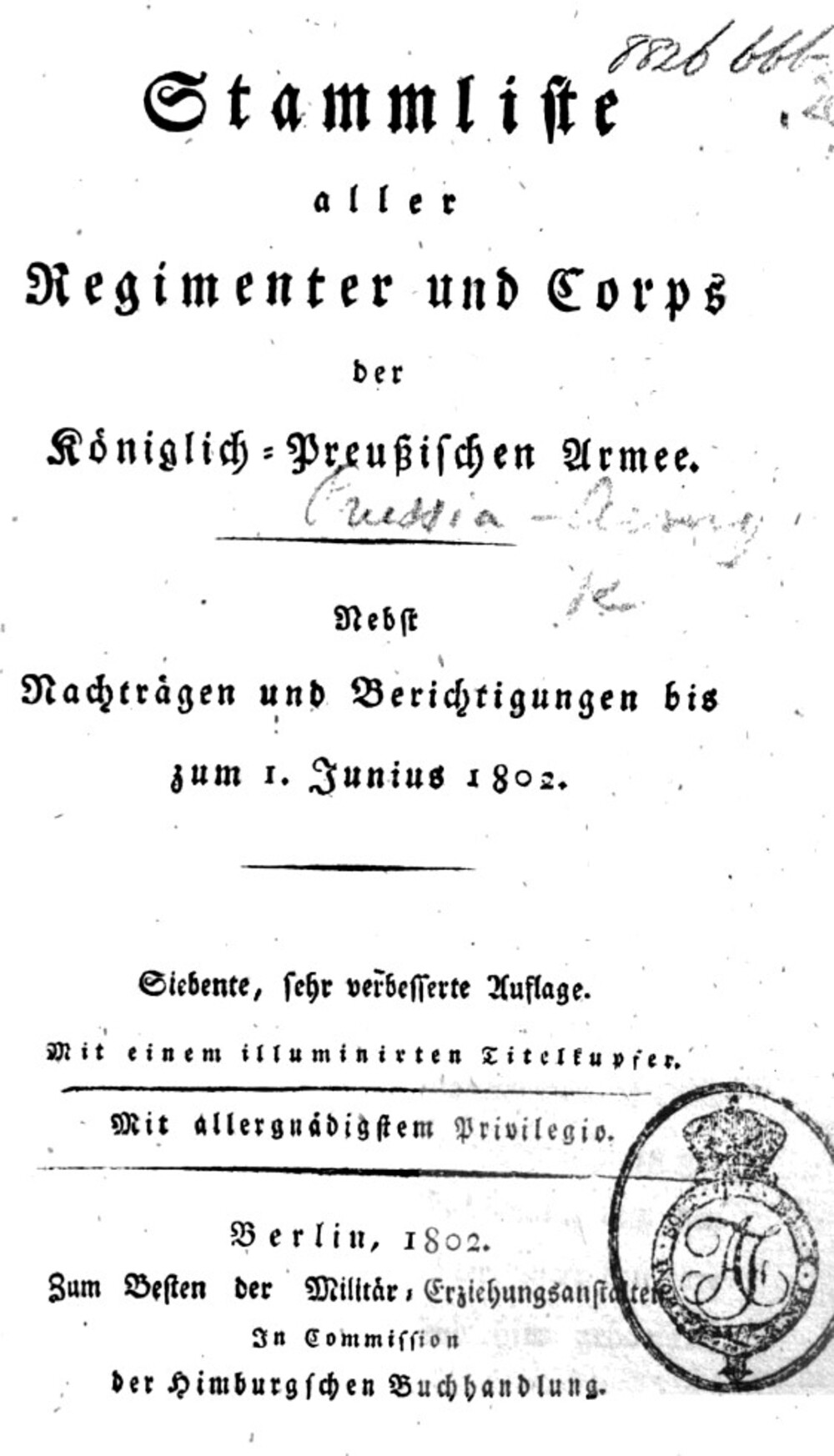 Cover für Stammliste aller Regimenter und Corps der Königlich-Preußischen Armee