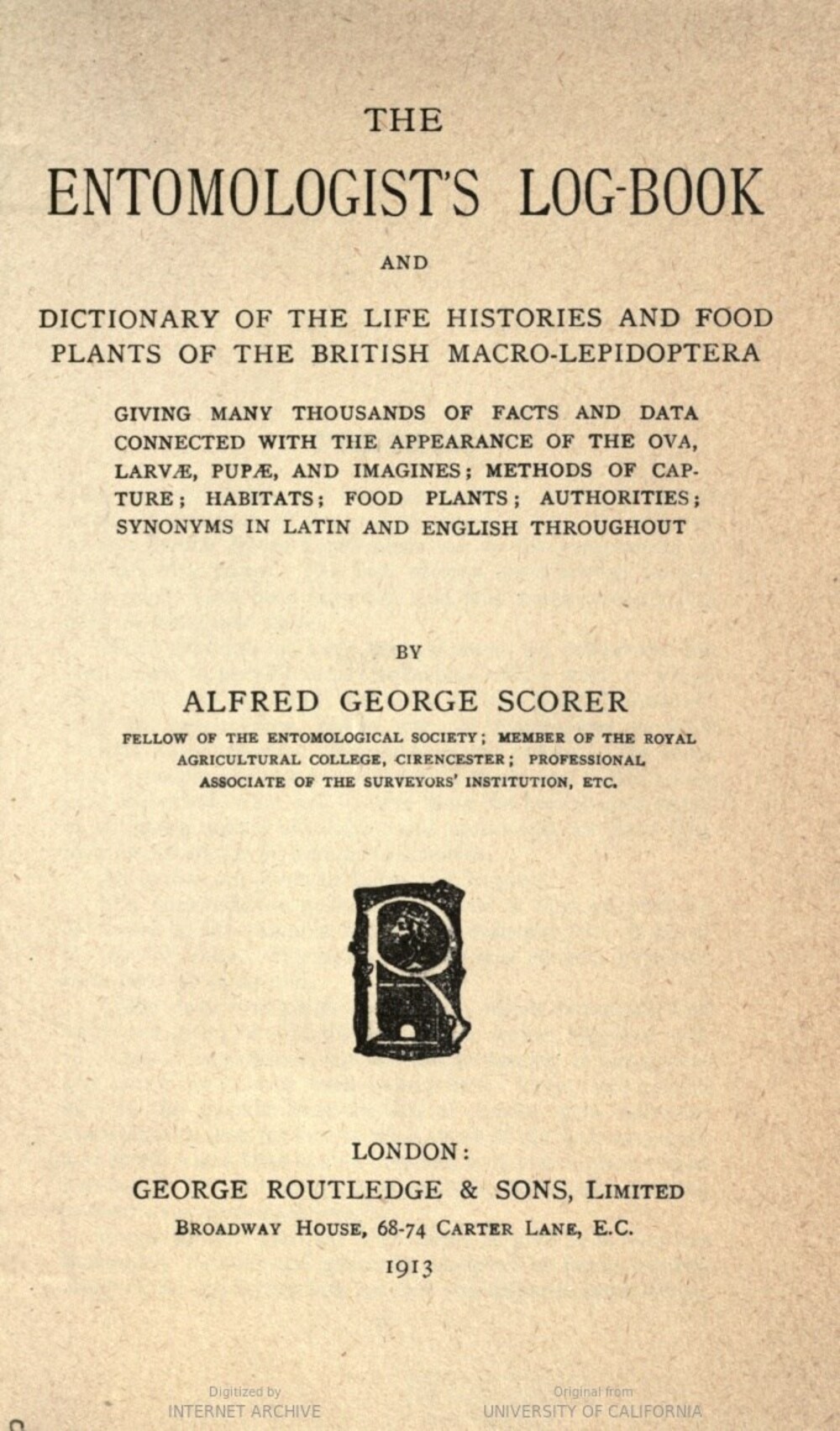 Cover für Entomologist's log-book and dictionary of the life histories and food plants of the British Macro-Lepidoptera