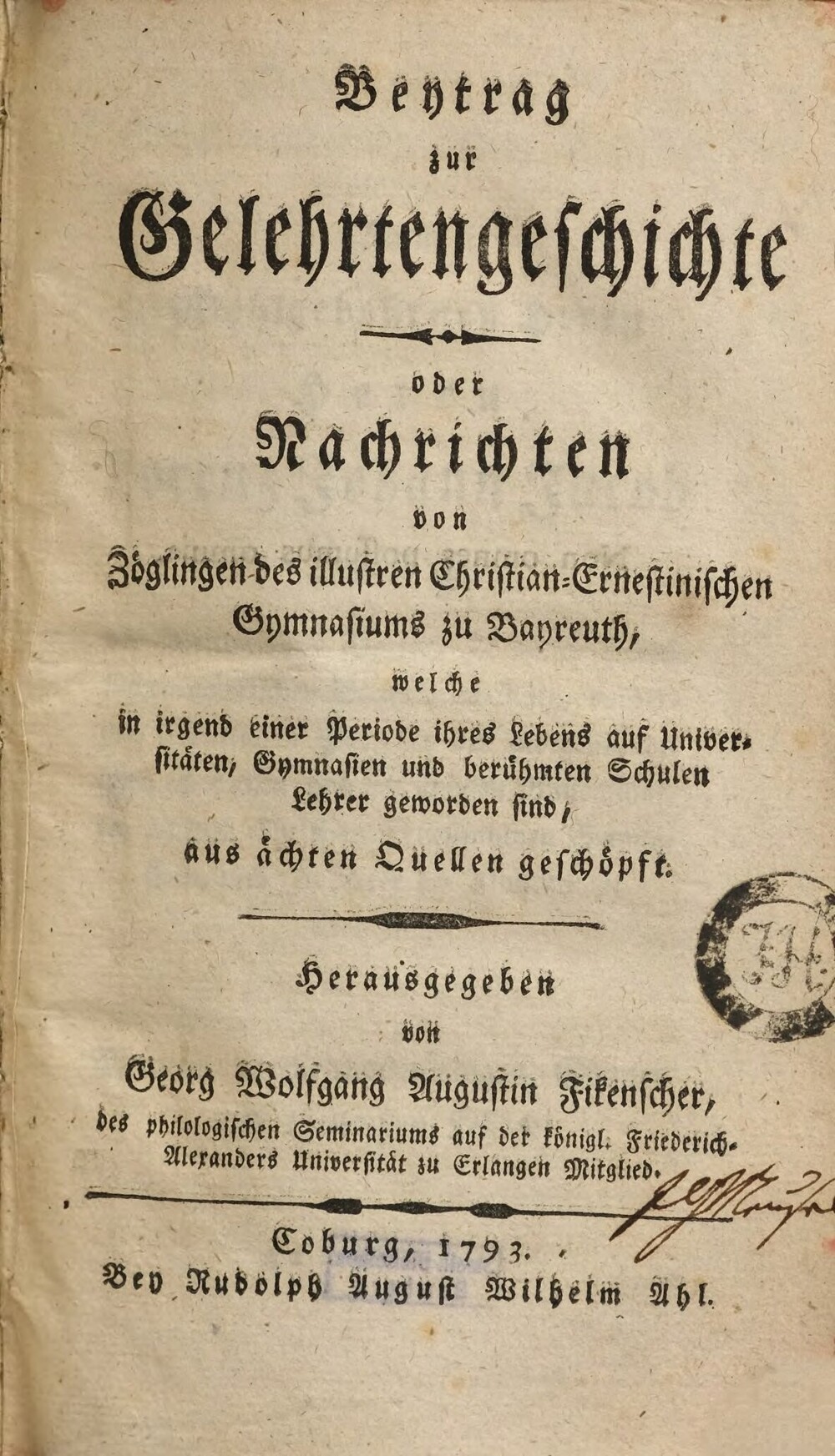 Cover für Beytrag zur Gelehrtengeschichte