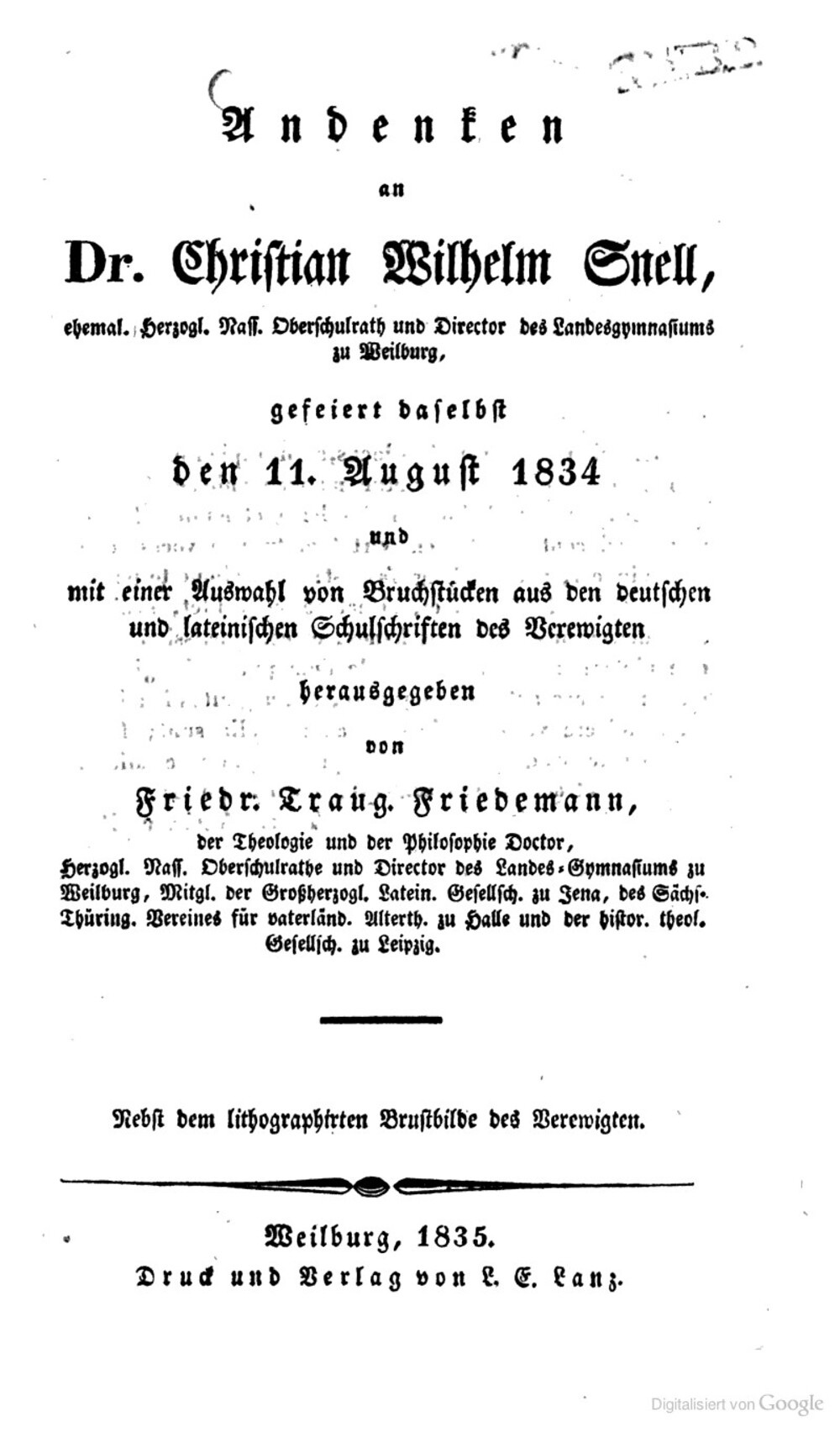 Cover für Andenken an Dr. Christian Wilhelm Snell, ehemals Direktor des Landesgymnasiums zu Weilburg