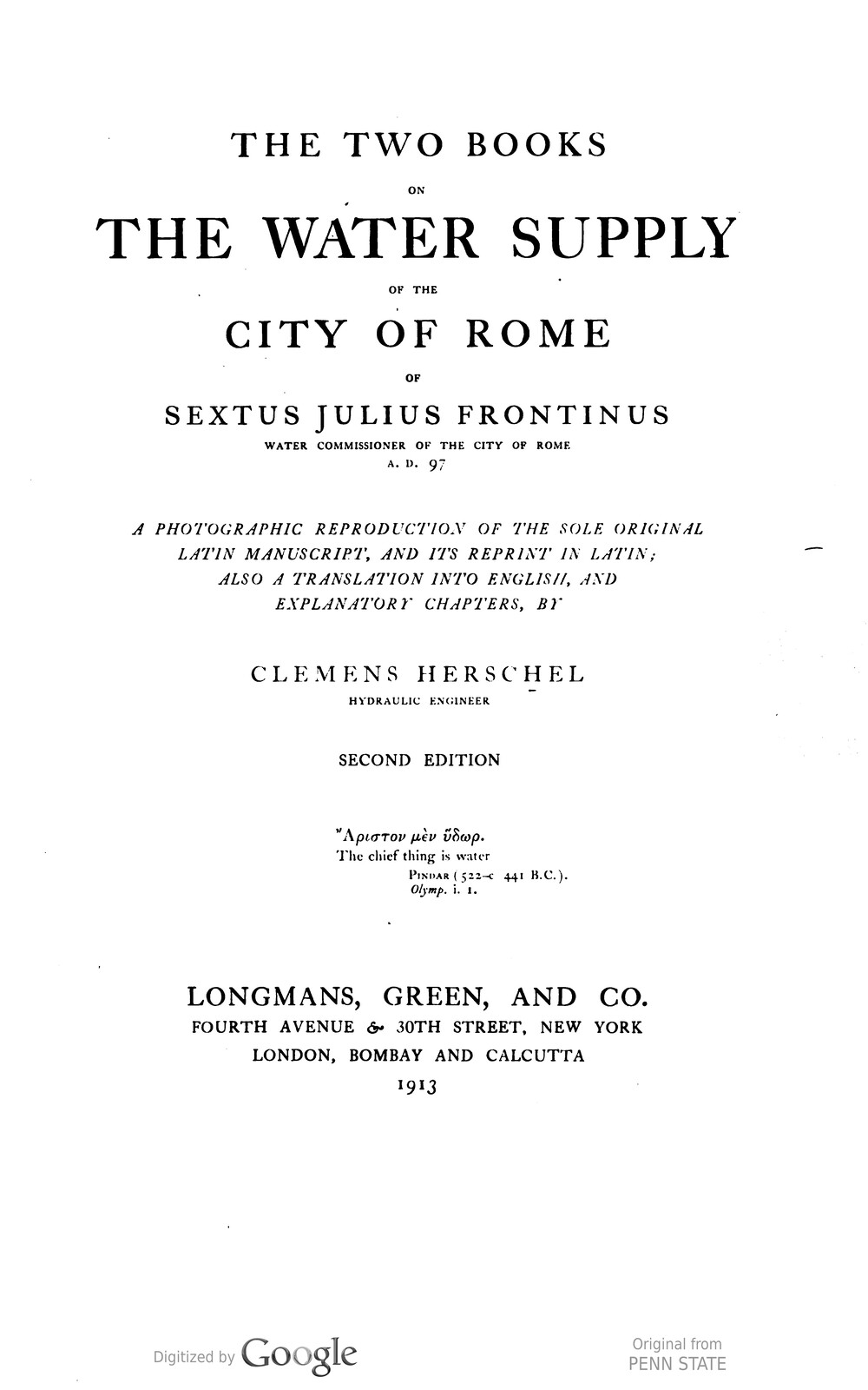 Cover für The two books on the water supply of the city of Rome of Sextus Julius Frontinus, water commissioner of the city of Rome A.D. 97