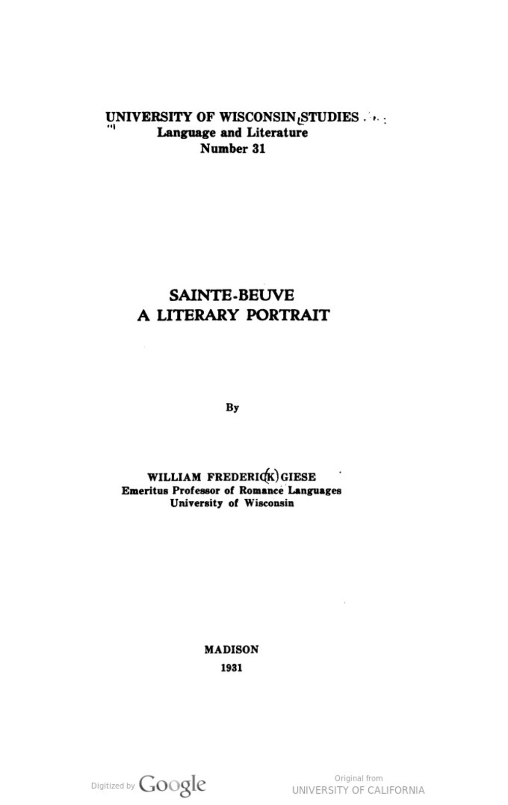 Cover für Sainte-Beuve, a literary portrait
