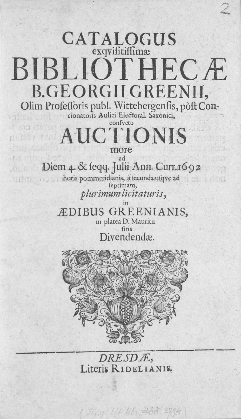 Cover für Catalogus exquisitissimae bibliothecae B. Georgii Greenii