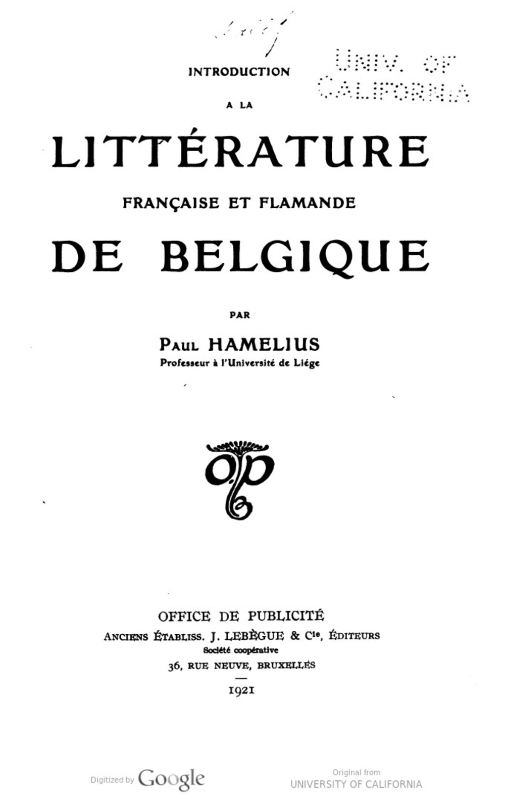 Cover für Introduction à la littérature française et flamande de Belgique