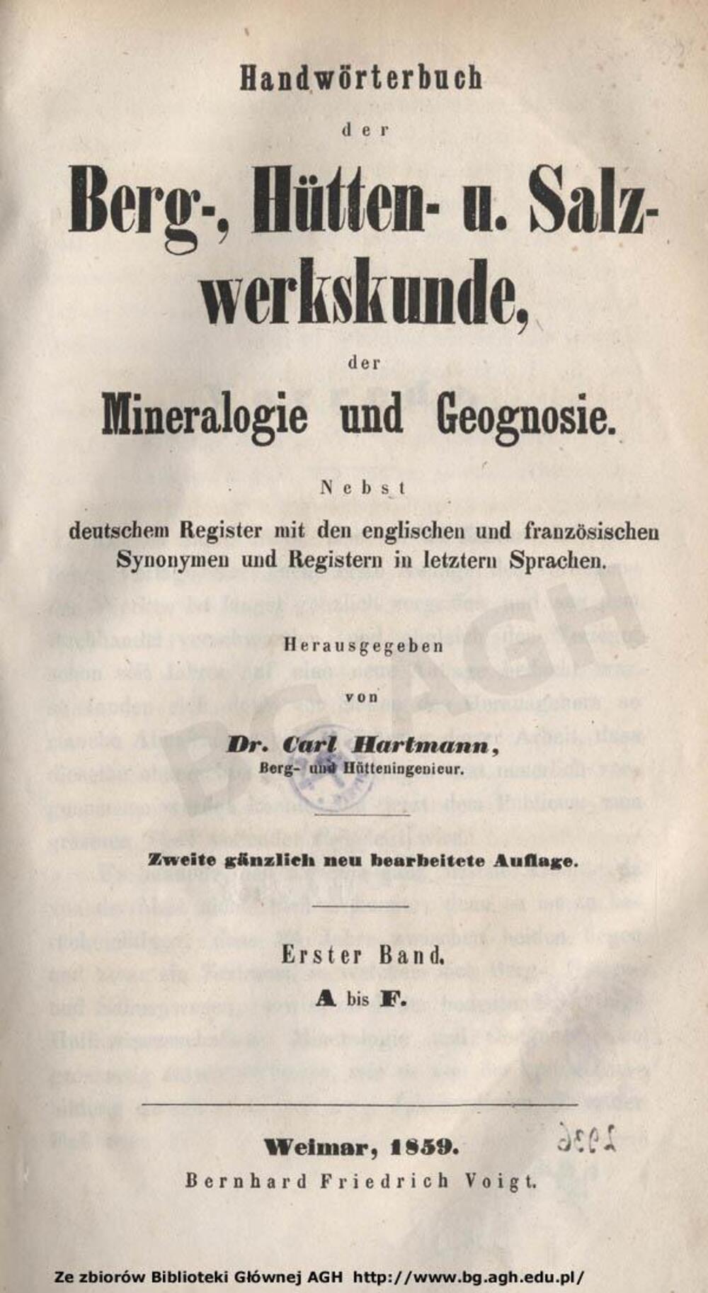 Cover für Handwörterbuch der Berg-, Hütten- u. Salzwerkskunde, der Mineralogie und Geognosie