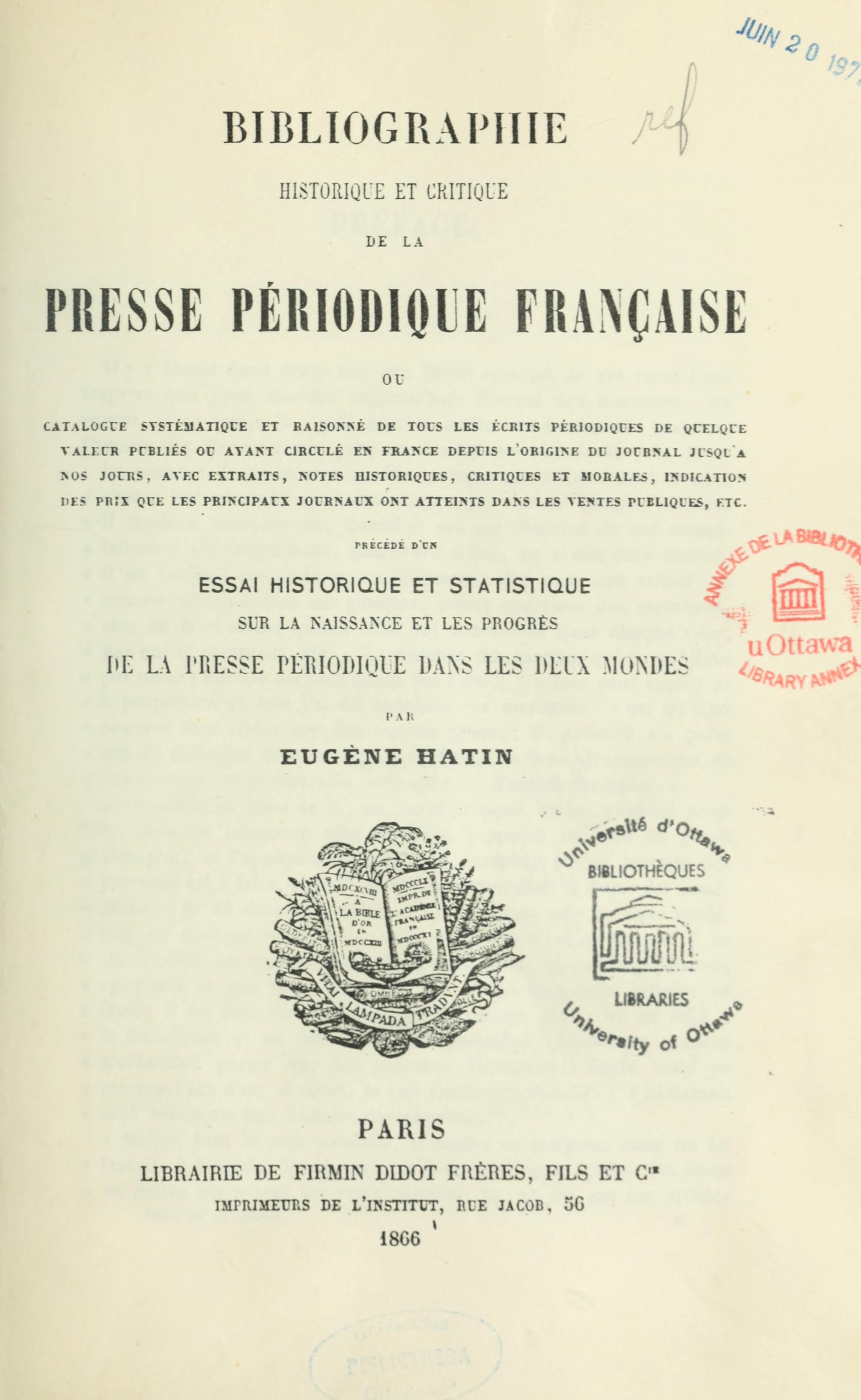 Cover für Bibliographie historique et critique de la presse périodique française