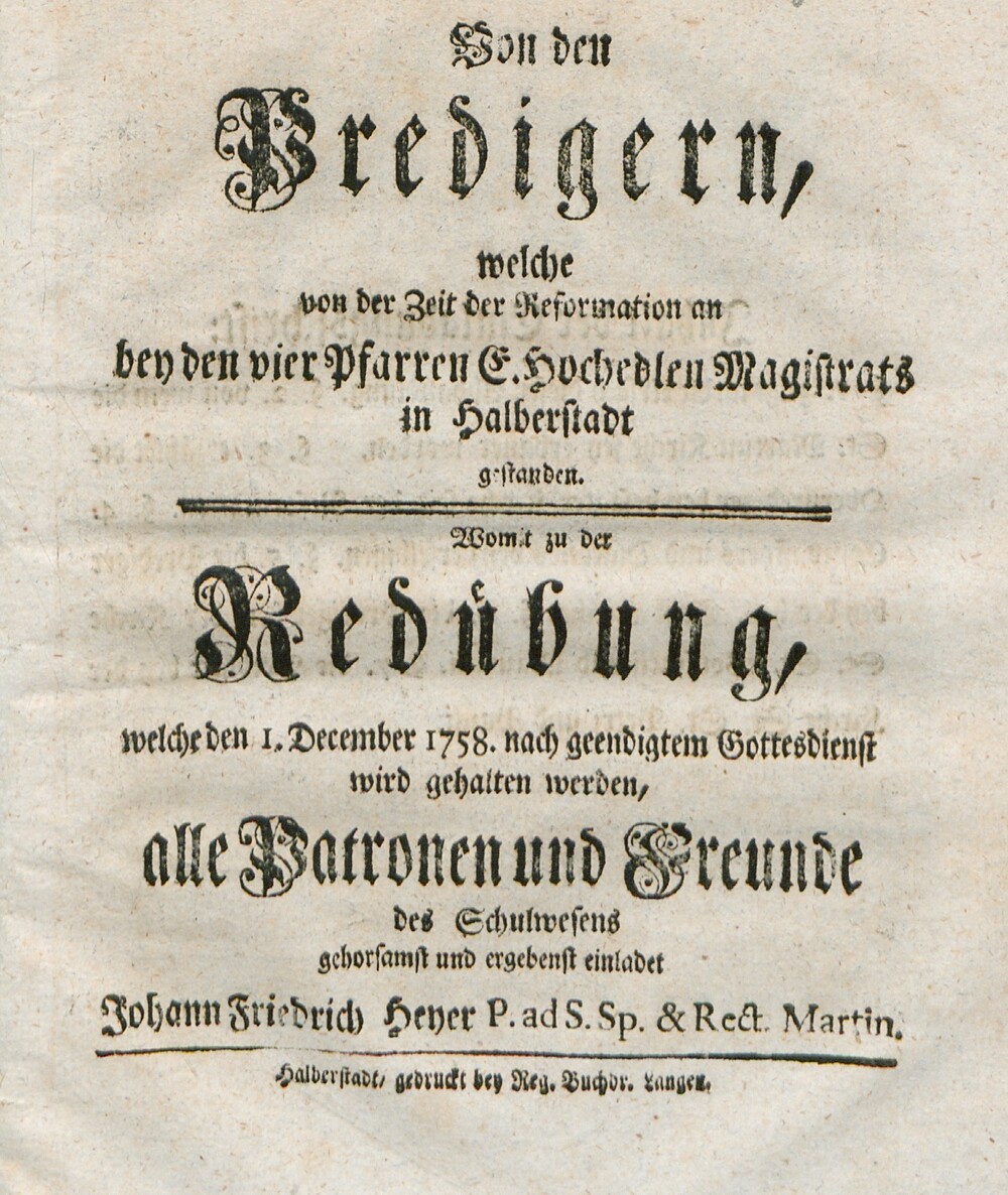 Cover für Von den Predigern, welche von der Zeit der Reformation an bey den vier Pfarren E. Hochedlen Magistrats in Halberstadt gestanden