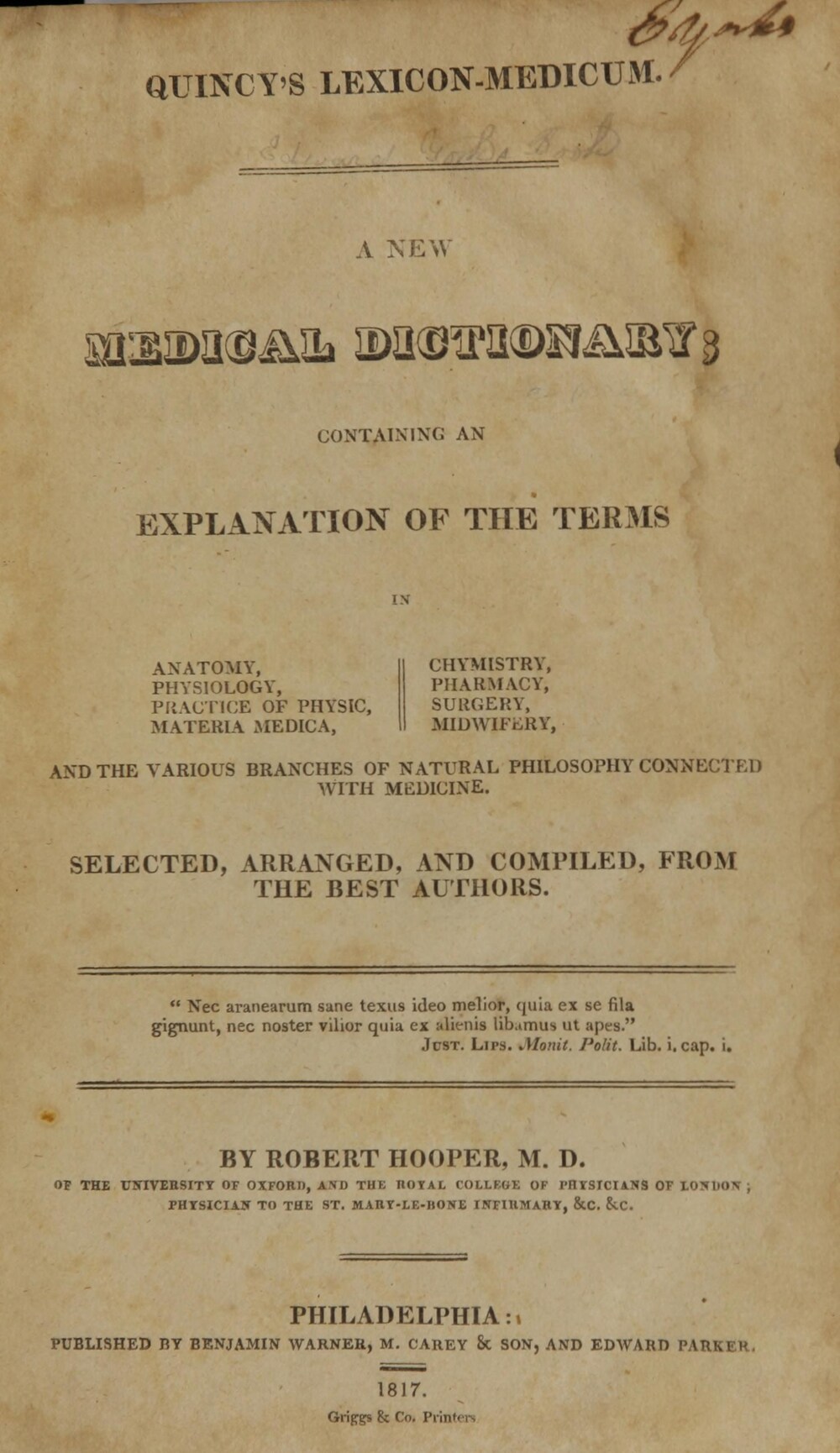 Cover für Quincy's Lexicon-medicum. A new medical dictionary