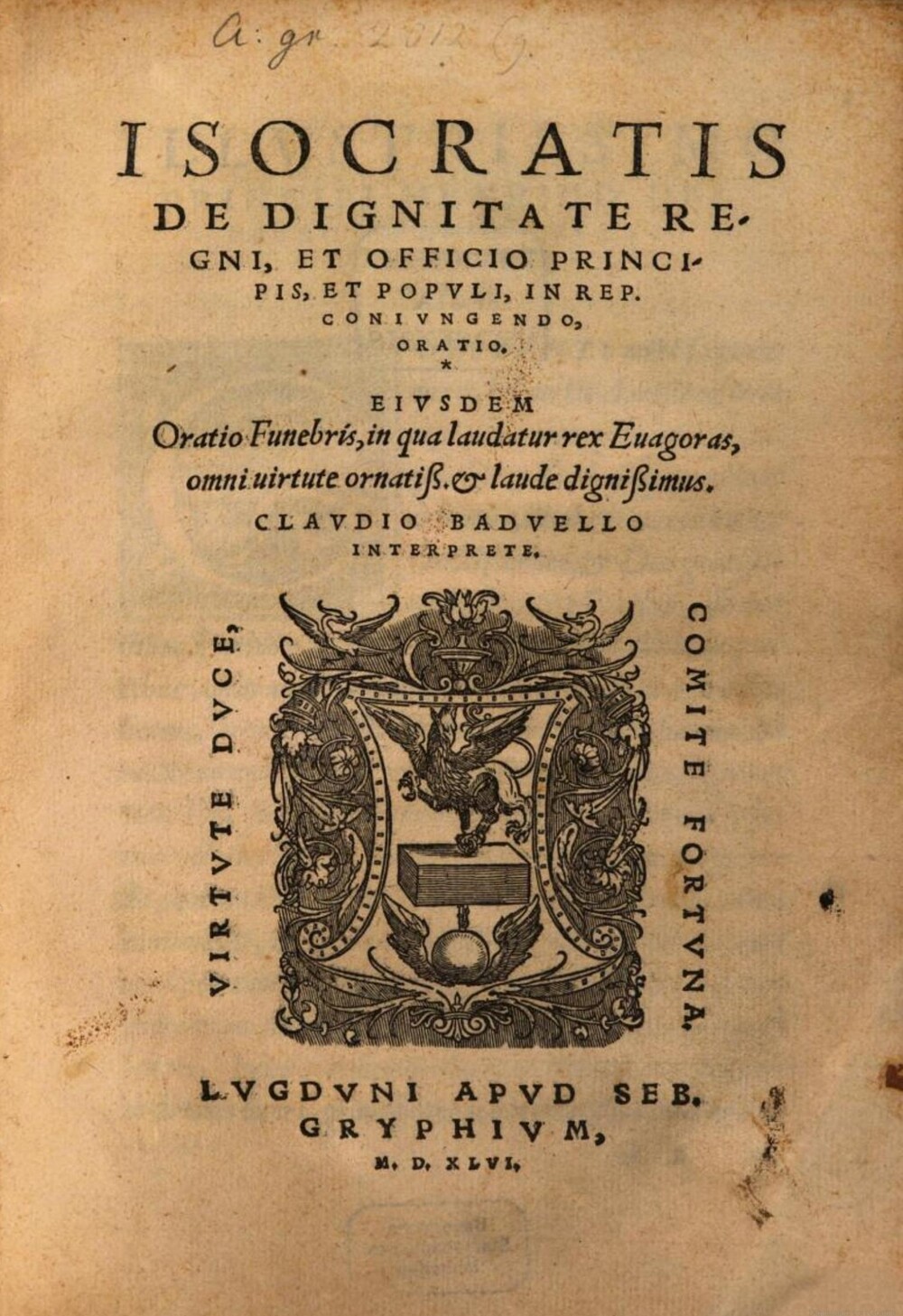 Cover für Oratio funebris, in qua laudatur rex Evagoras, omni virtute ornatißimus et laude dignißimus