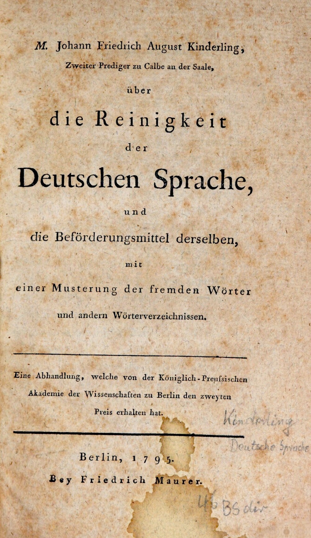 Cover für Ueber die Reinigkeit der deutschen Sprache und die Beförderungsmittel derselben