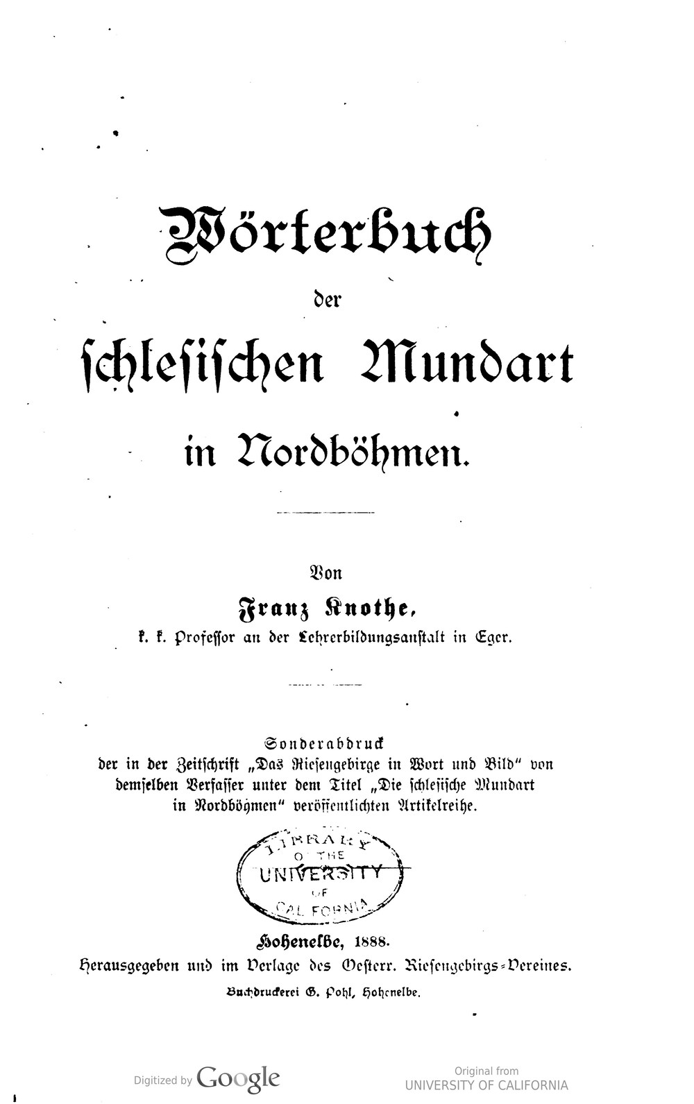 Cover für Wörterbuch der schlesischen Mundart in Nordböhmen