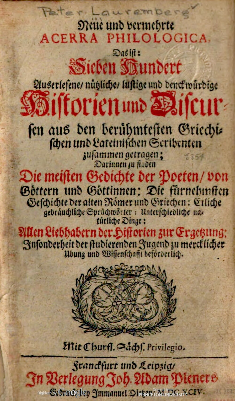 Cover für Neue und vermehrte Acerra Philologica