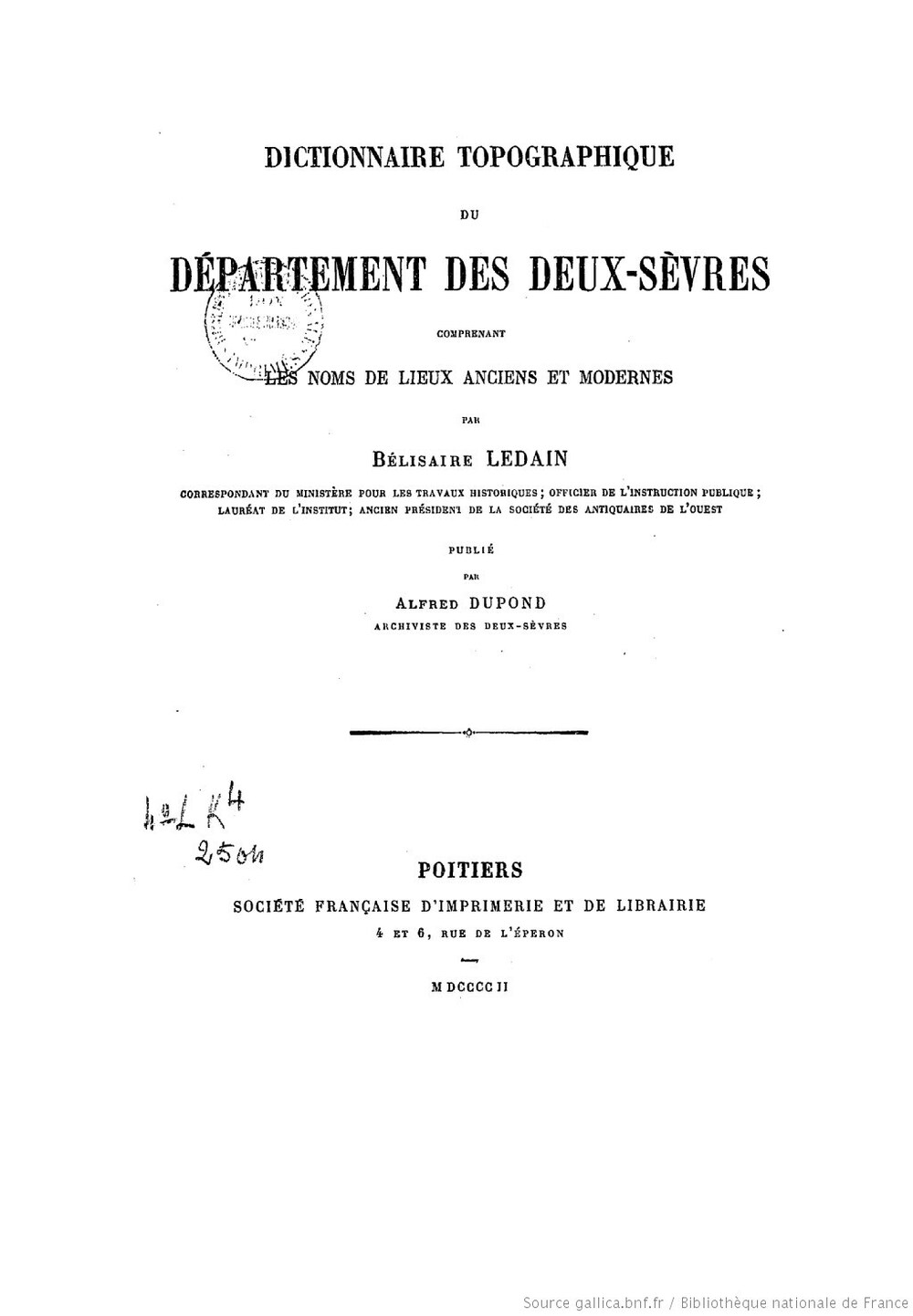 Cover für Dictionnaire topographique du département des Deux-Sèvres
