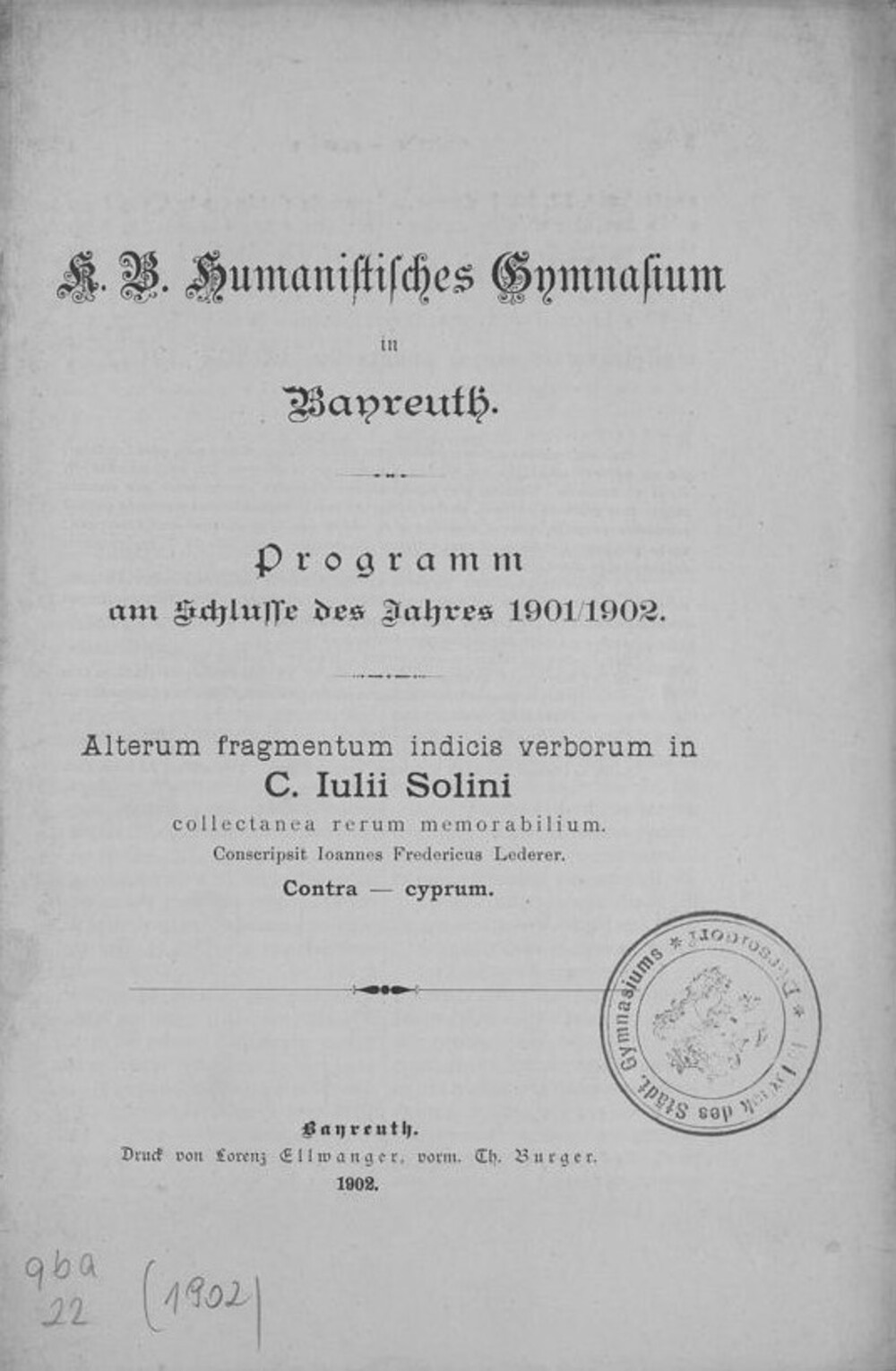 Cover für Fragmentum indicis in C. Iulii Solini collectanea rerum memorabilium