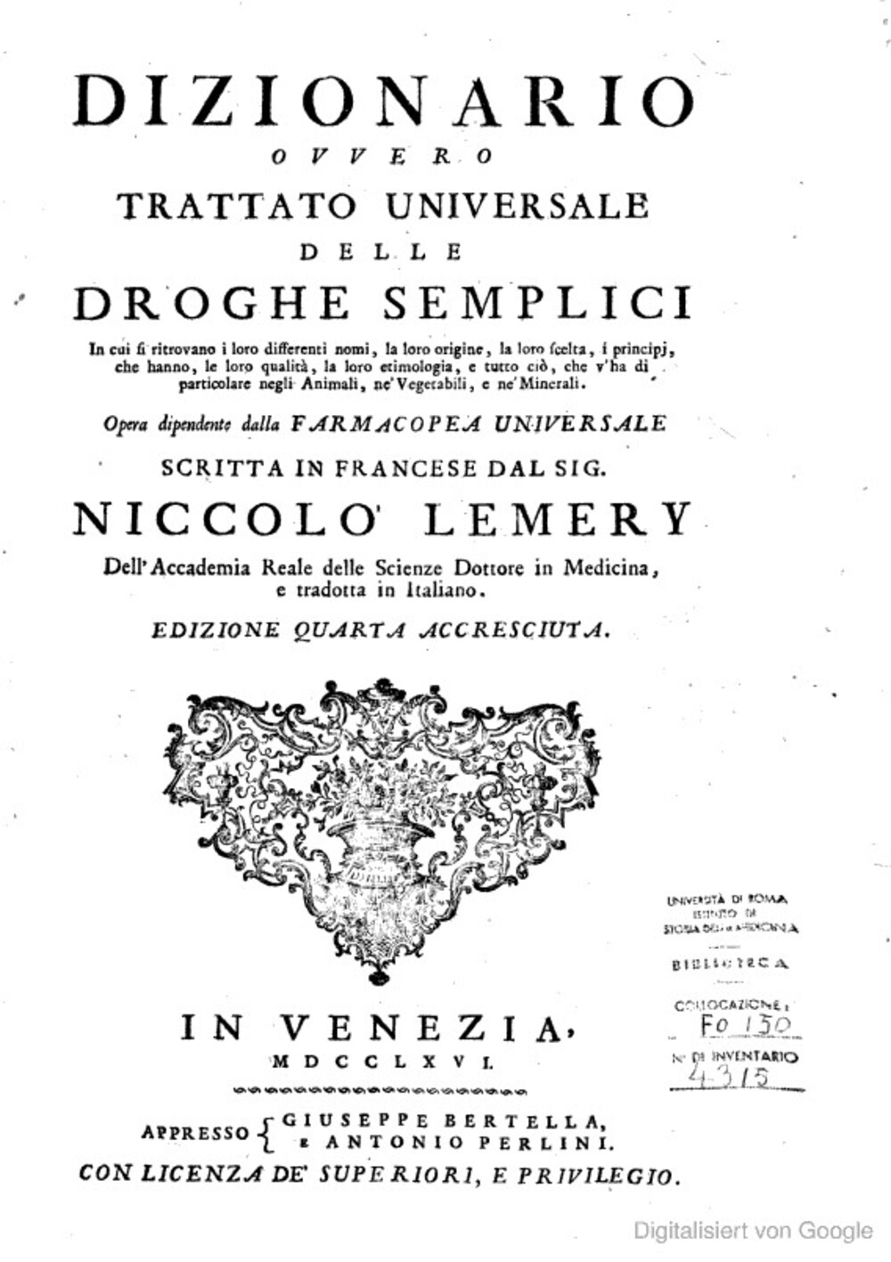Cover für Dizionario ovvero trattato universale delle droghe semplici