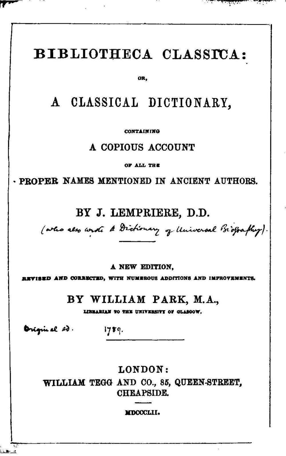 Cover für Bibliotheca classica, or, a classical dictionary