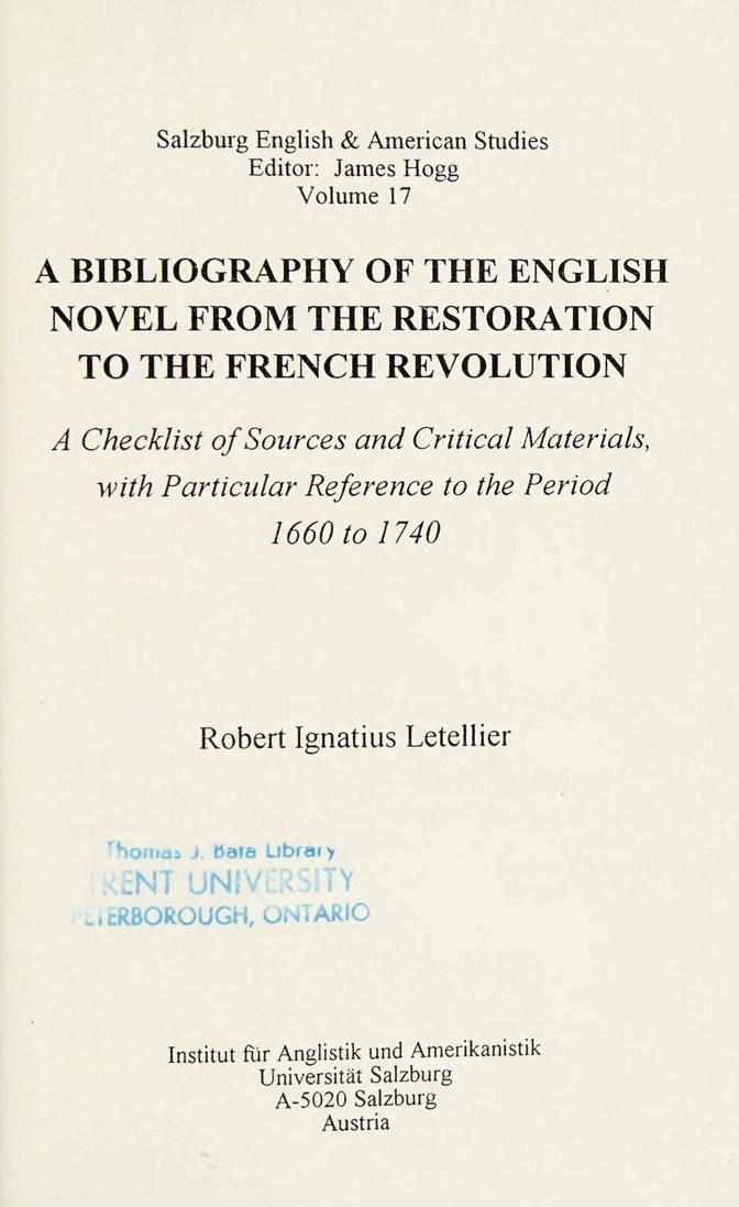 Cover für A bibliography of the English novel from the Restoration to the French Revolution
