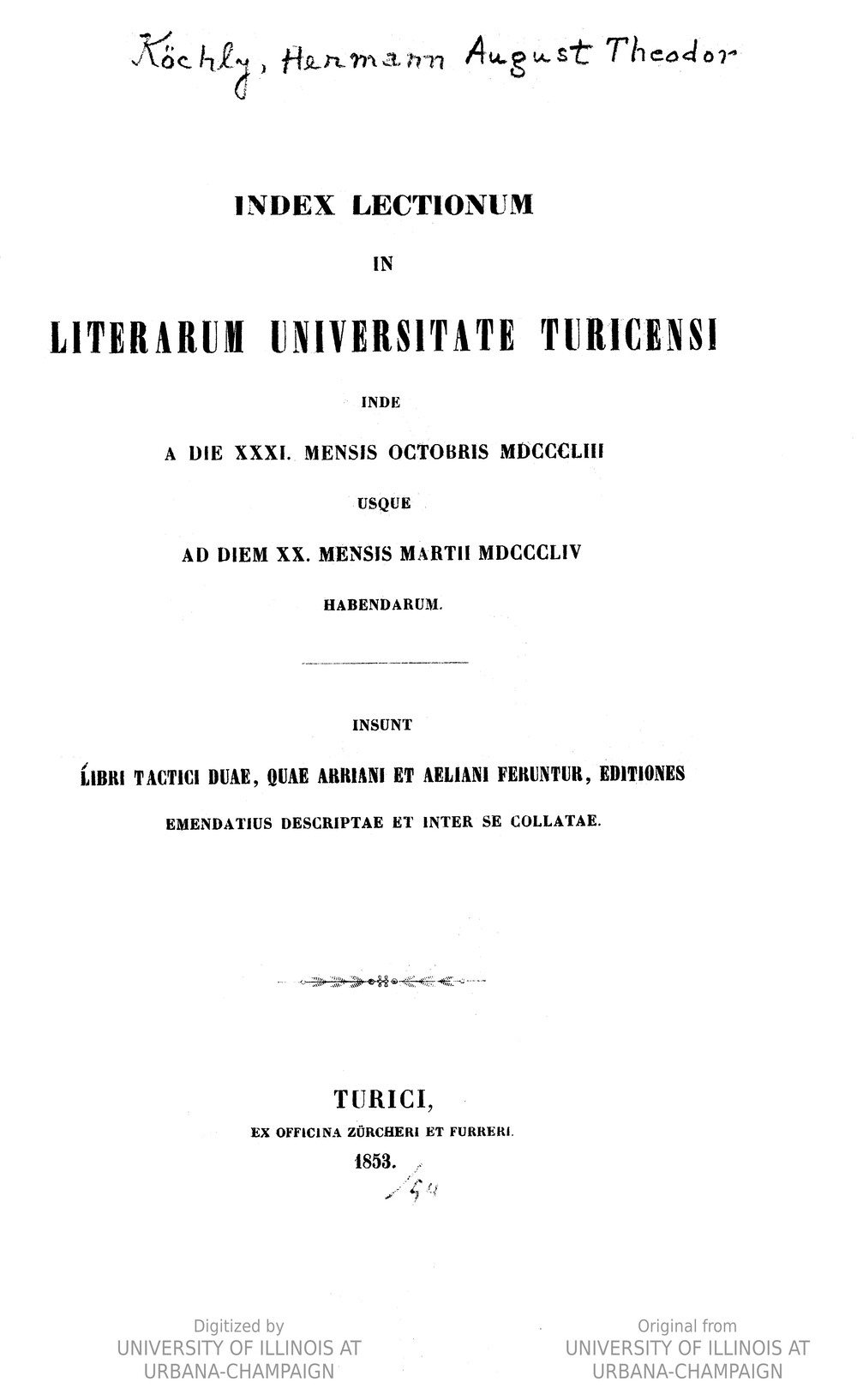 Cover für Index lectionum in literarum universitare Turicensi inde a die XXXI. mensis Octobris MDCCCLIII usque ad diem XX. mensis Martii MDCCCLIV habendarum