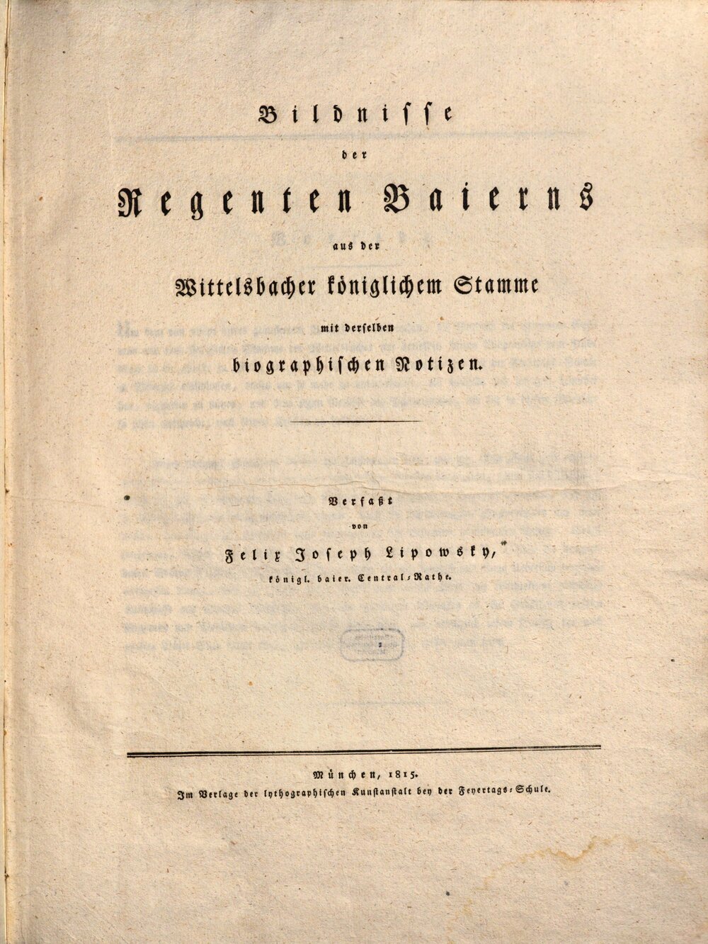 Cover für Bildnisse der Regenten Baierns aus der Wittelsbacher königlichem Stamme, mit derselben biographischen Notizen