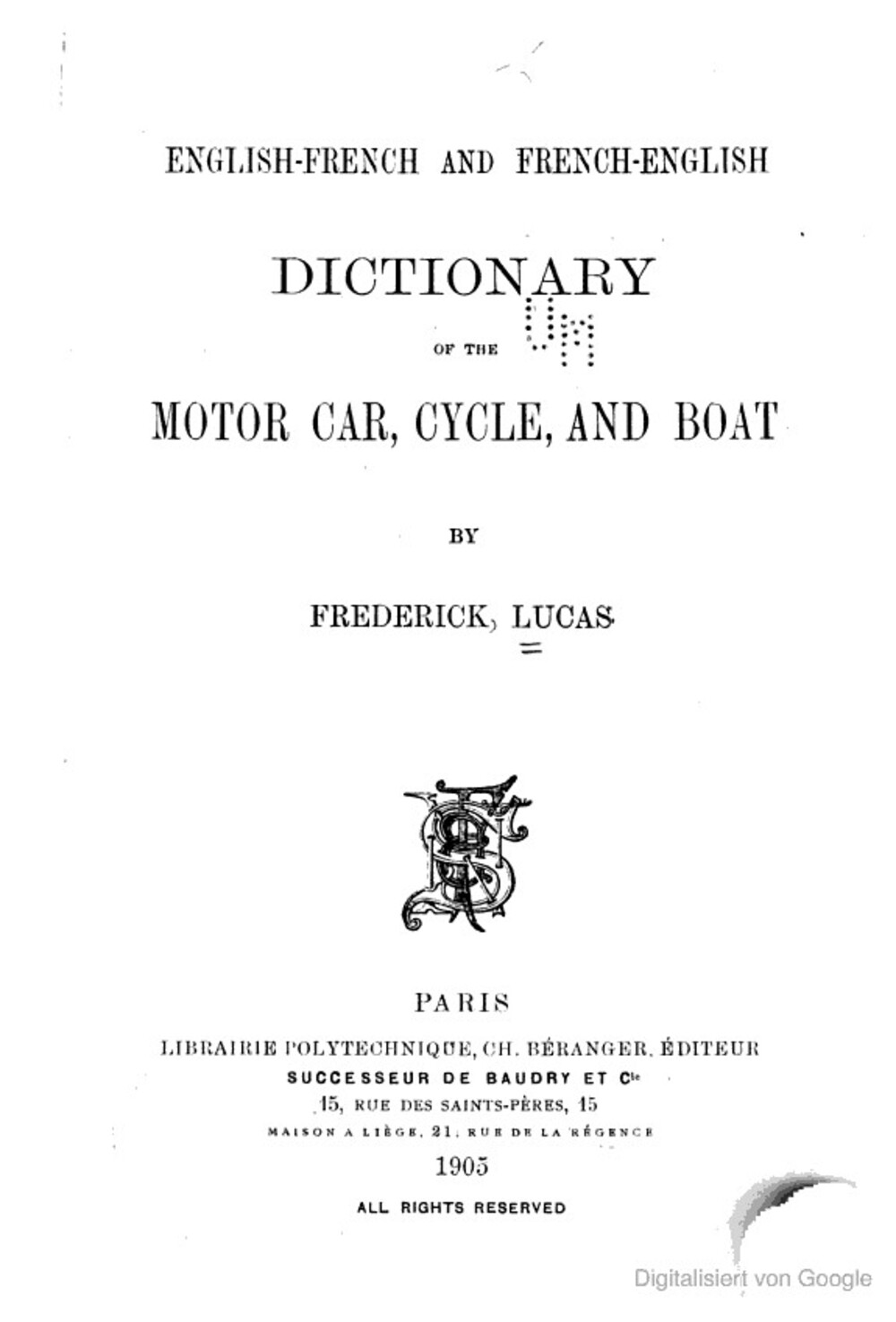 Cover für Dictionary of the motor-car, cycle, and boat