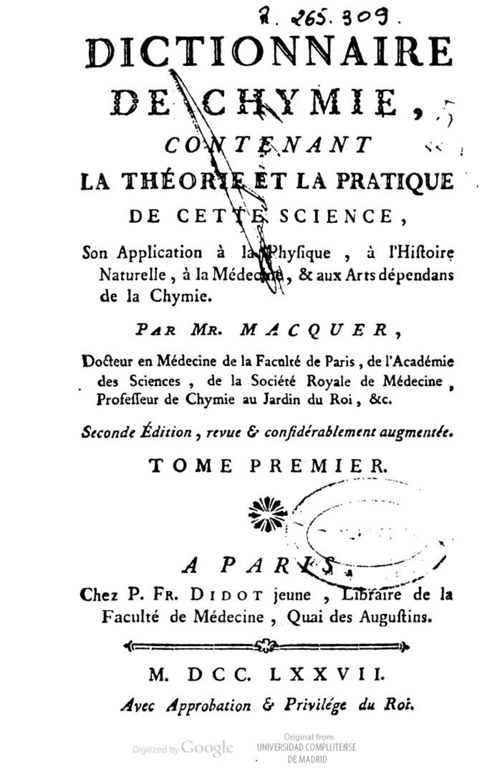 Cover für Dictionnaire de chymie