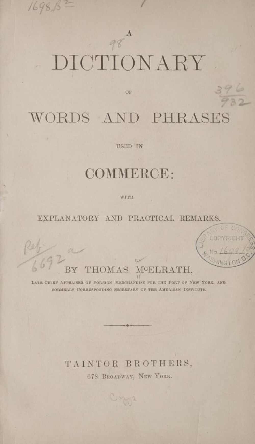 Cover für A dictionary of words and phrases used in commerce