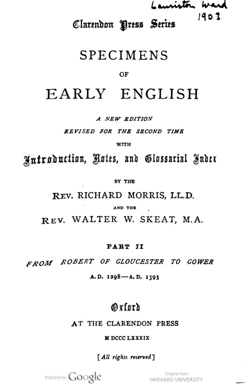 Cover für Specimens of early English