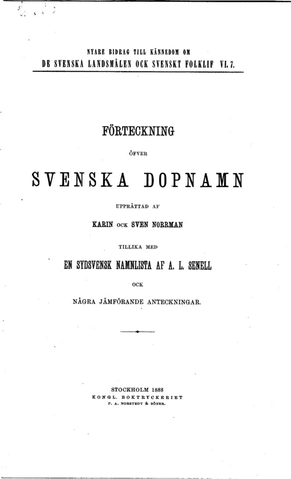 Cover für Förteckning öfver svenska dopnamn