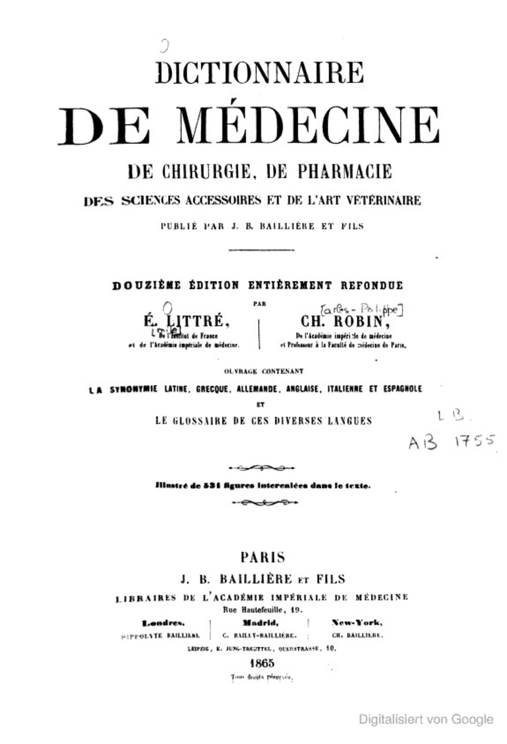 Cover für Dictionnaire de médecine, de chirurgie, de pharmacie, des sciences accessoires et de l'art vétérinaire