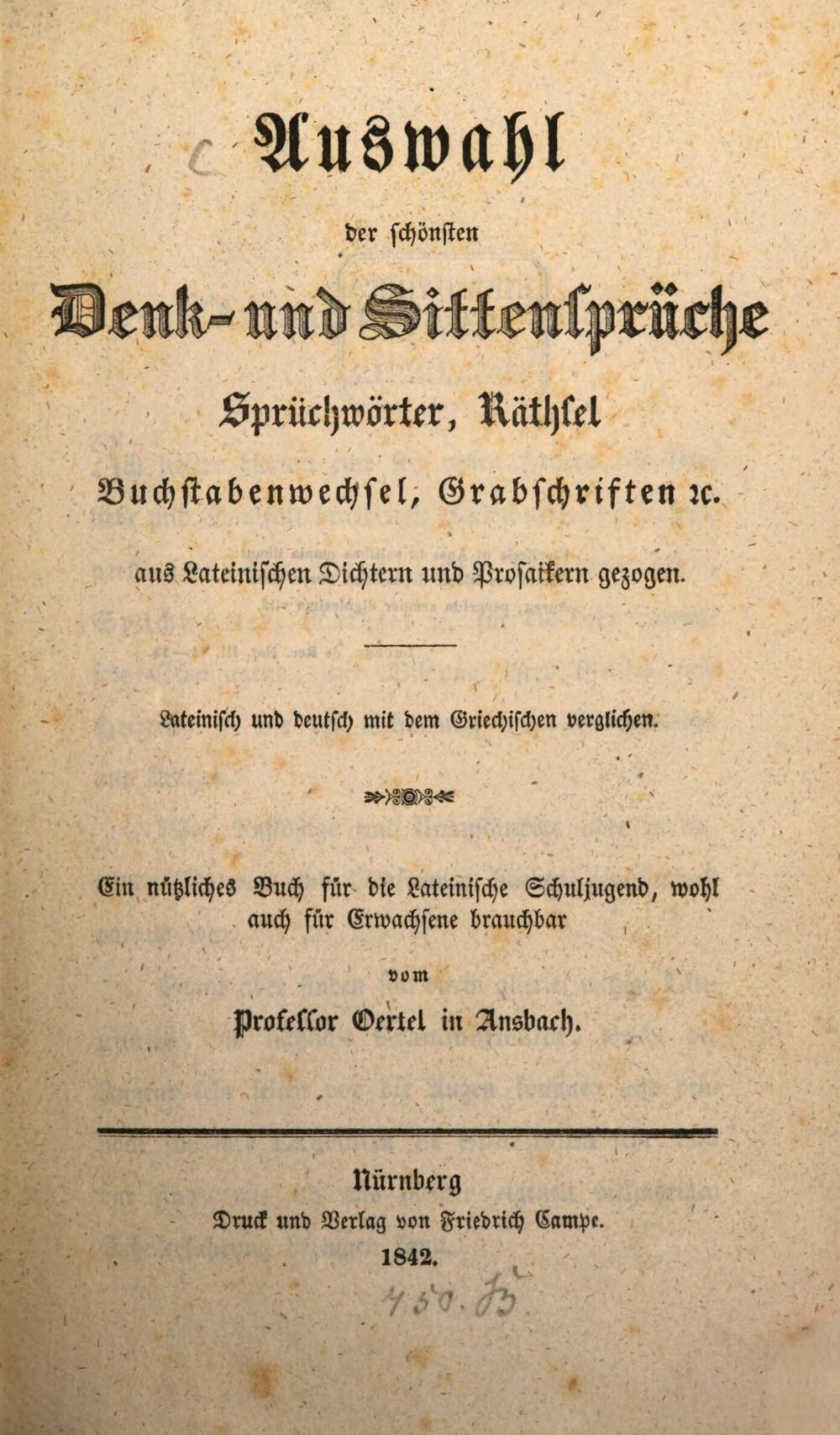 Cover für Auswahl der schönsten Denk- und Sittensprüche, Sprüchwörter, Räthsel, Buchstabenwechsel, Grabschriften &c.