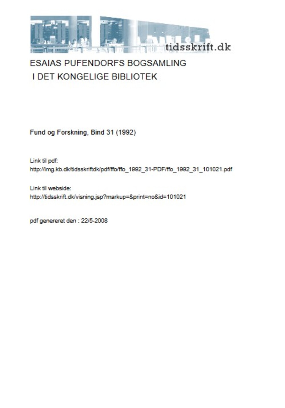 Cover für Esaias Pufendorfs bogsamling i Det kongelige Bibliotek