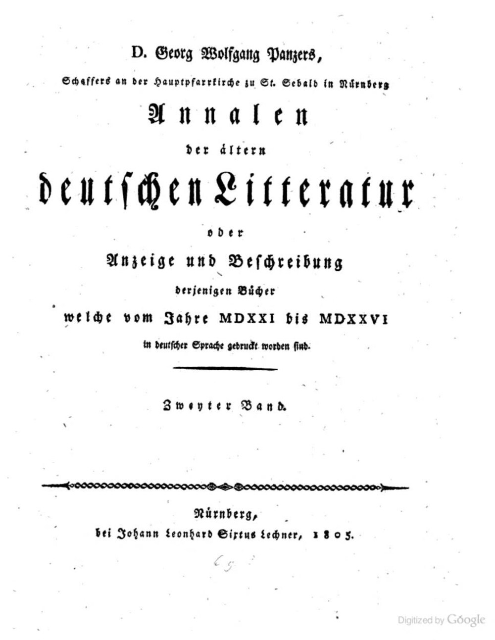 Cover für D. Georg Wolfgang Panzer's, Schaffers an der Hauptpfarrkirche zu St. Sebald in Nürnberg, Annalen der älteren Deutschen Litteratur