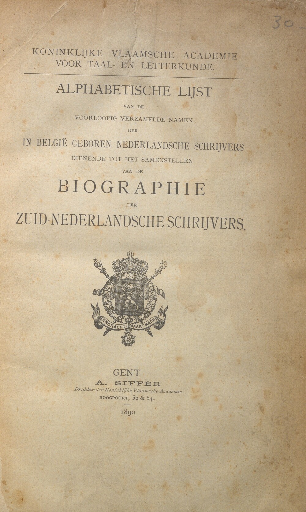 Cover für Alphabetische lijst van de voorloopig verzamelde namen der in Belgie geboren nederlandsche schrijvers