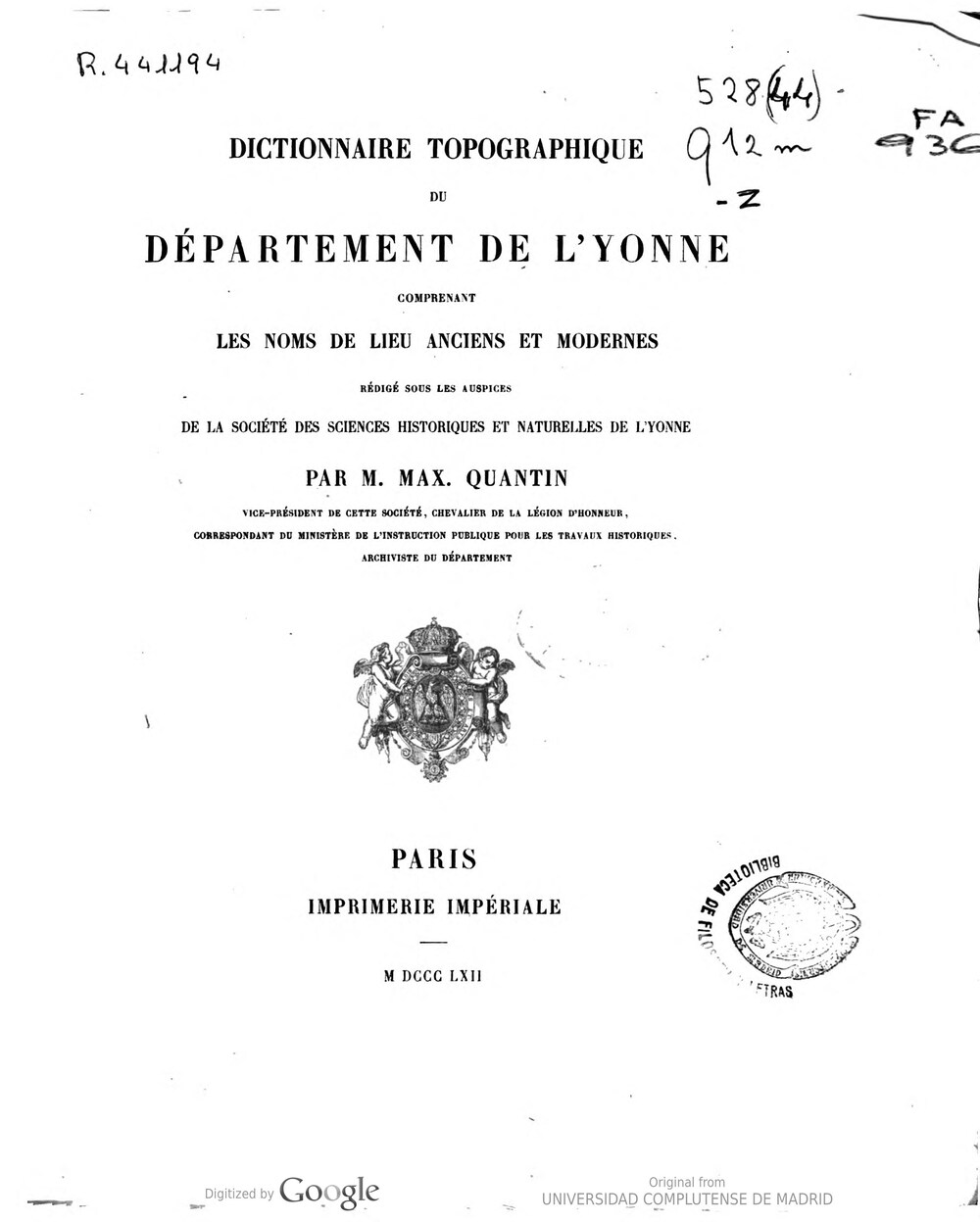 Cover für Dictionnaire topographique du département de l'Yonne