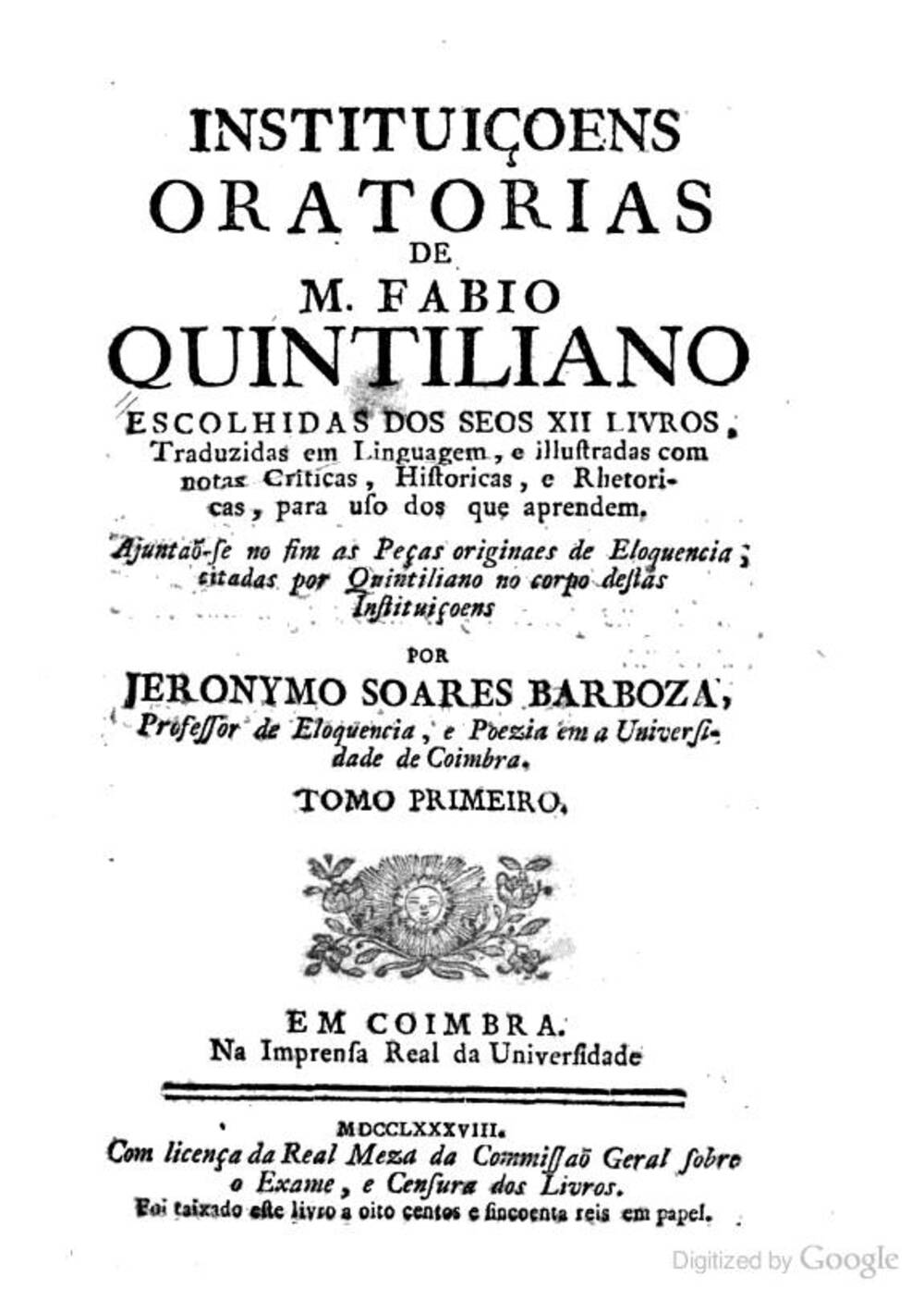 Cover für Instituiçoens oratorias de M. Fabio Quintiliano escolhidas dos seos XII. livros