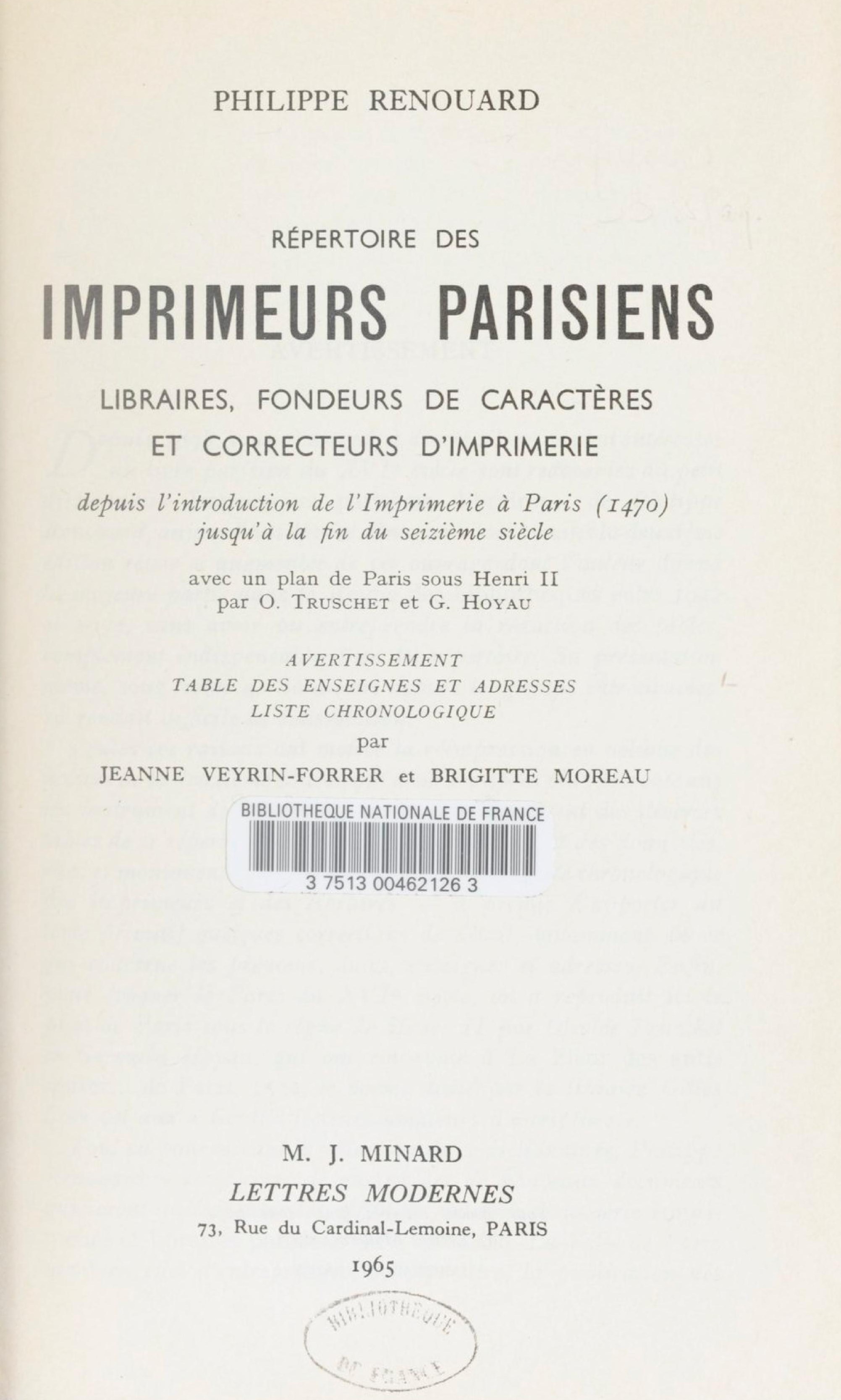 Cover für Répertoire des imprimeurs parisiens