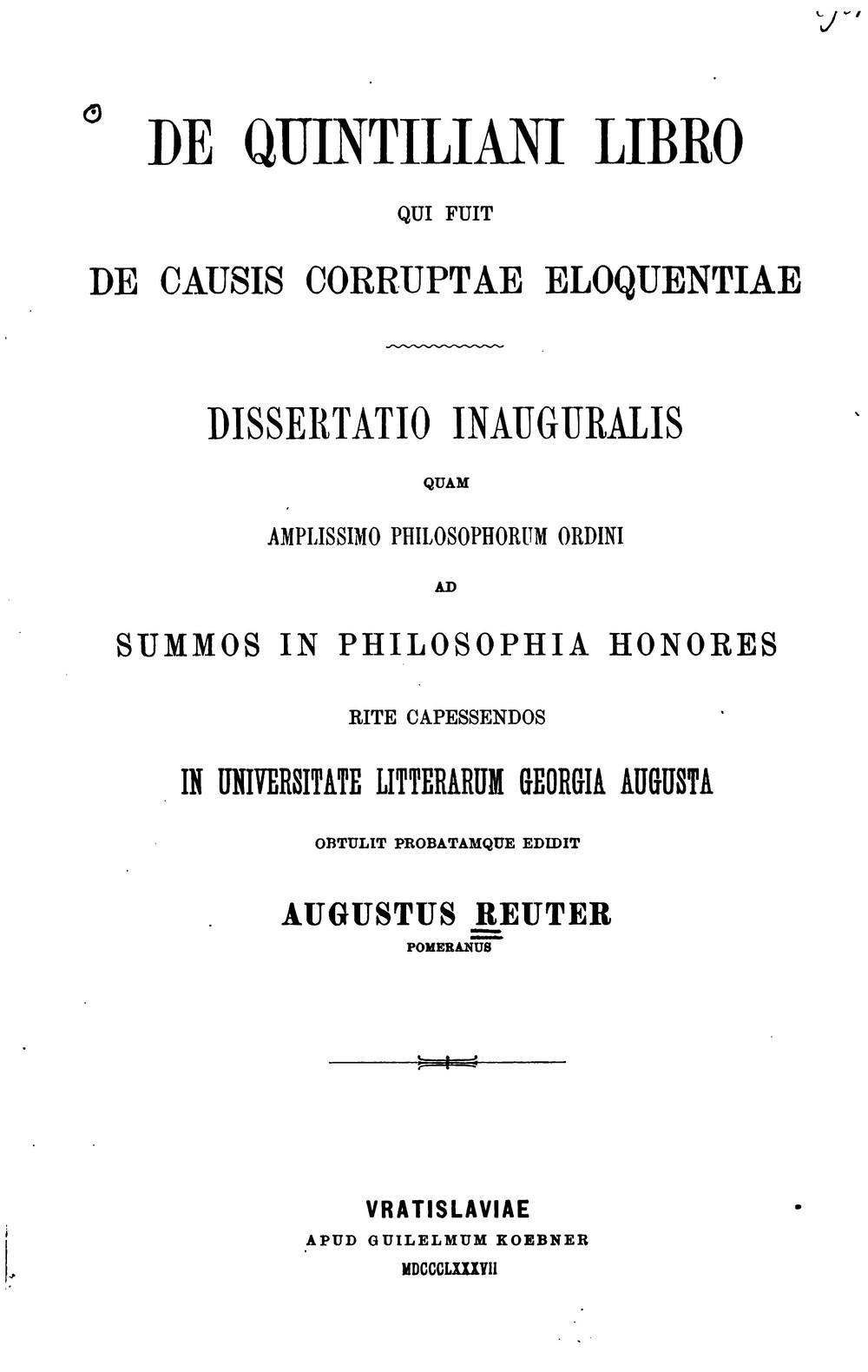 Cover für De Quintiliani libro De causis corruptae eloquentiae