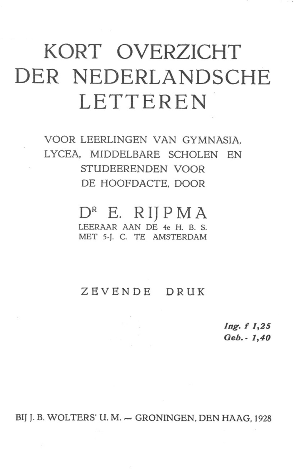 Cover für Kort overzicht der Nederlandsche letteren