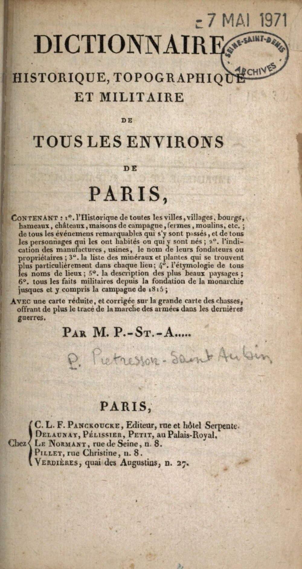 Cover für Dictionnaire historique, topographique et militaire de tous les environs de Paris
