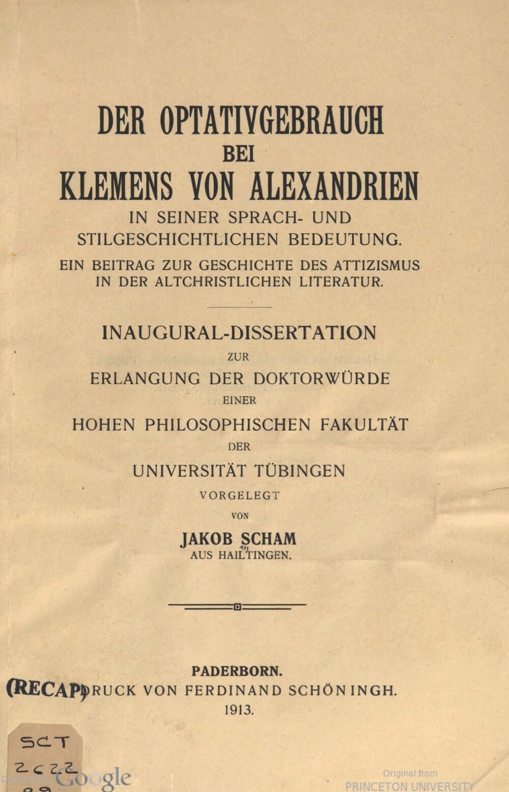 Cover für Der Optativgebrauch bei Klemens von Alexandrien in seiner sprach- und stilgeschichtlichen Bedeutung.
